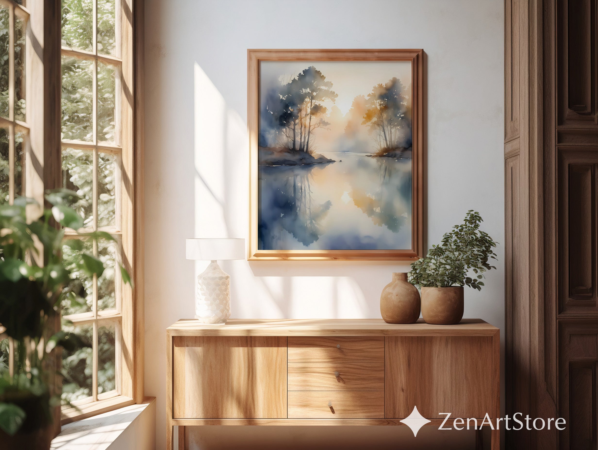 Misty Lake Sunrise Watercolor Print - Neutral Minimal Landscape Wall Art, Calm Japandi Scandinavian Home Decor