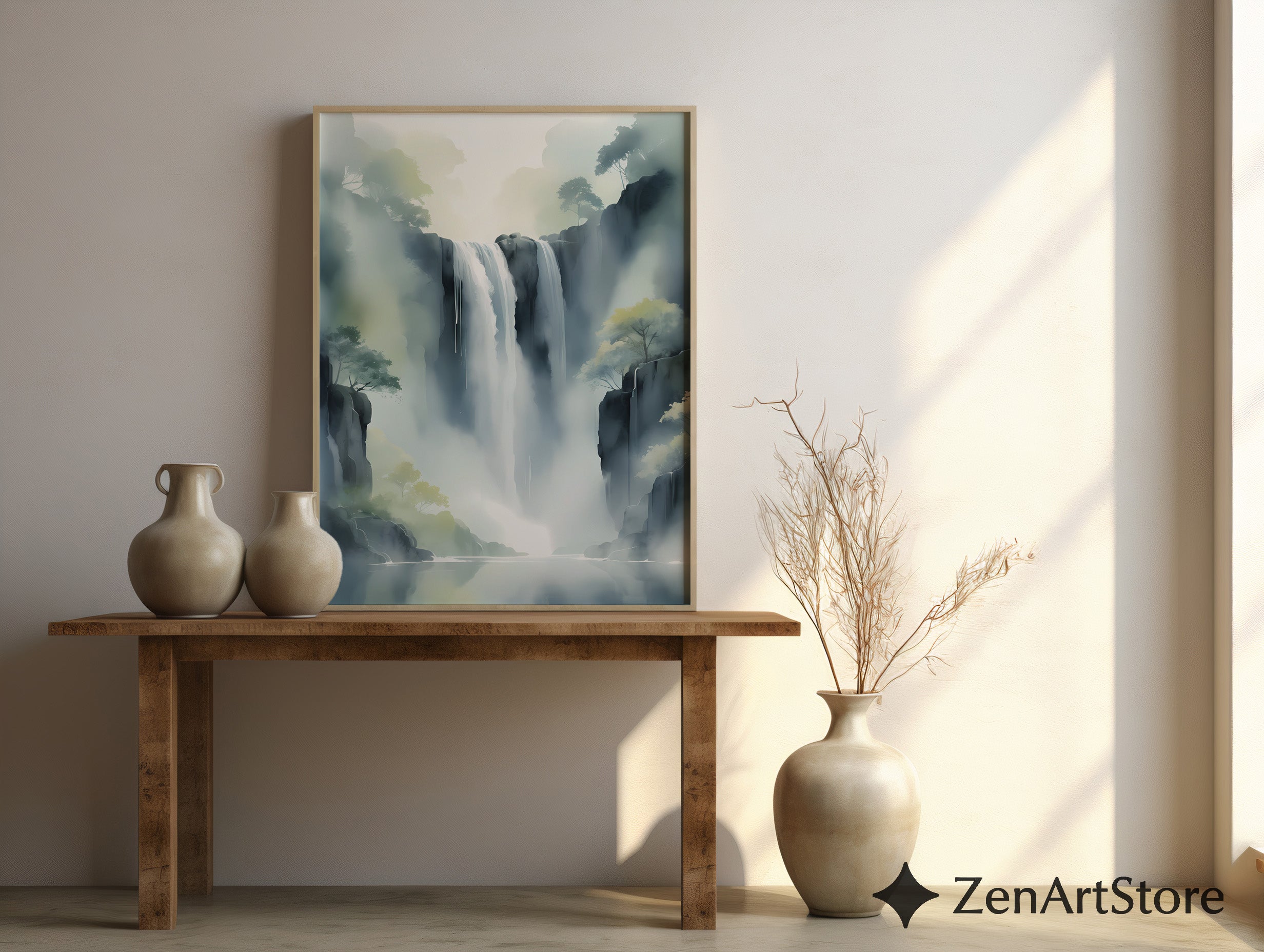 Misty Waterfall Wall Art Printable — Zen Japandi Landscape, Minimal Neutral Nature Print for Living Room & Bedroom