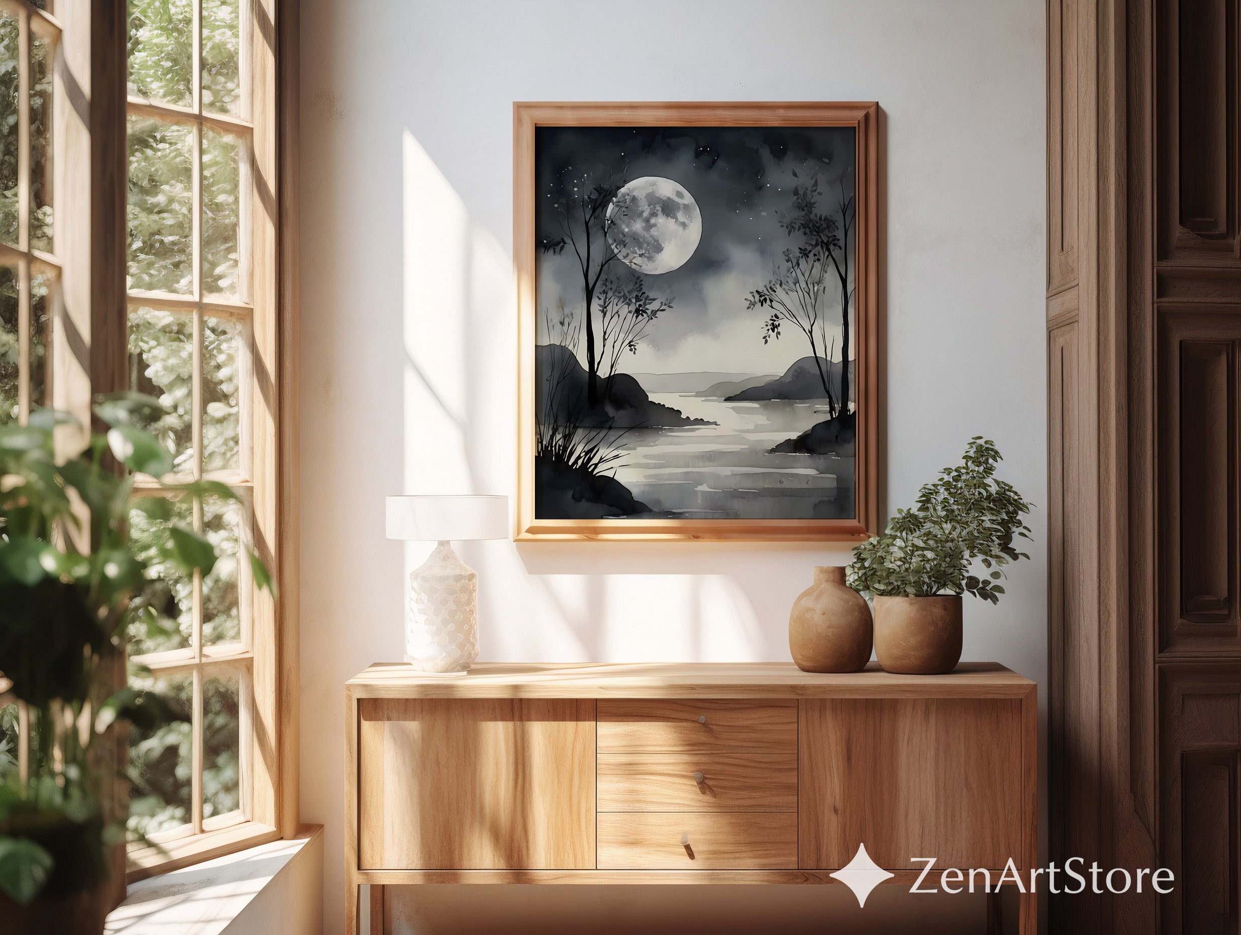 Moonlight Watercolor Landscape Print - Minimal Black & White Moon Art, Zen Japandi Wall Decor for Living Room or Bedroom