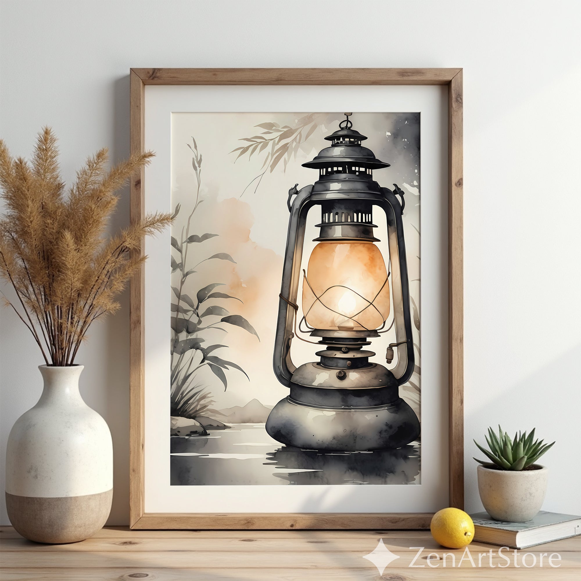 Vintage Lantern Wall Art - Neutral Japandi Wabi Sabi Lantern Illustration, Cozy Minimalist Home Decor Print