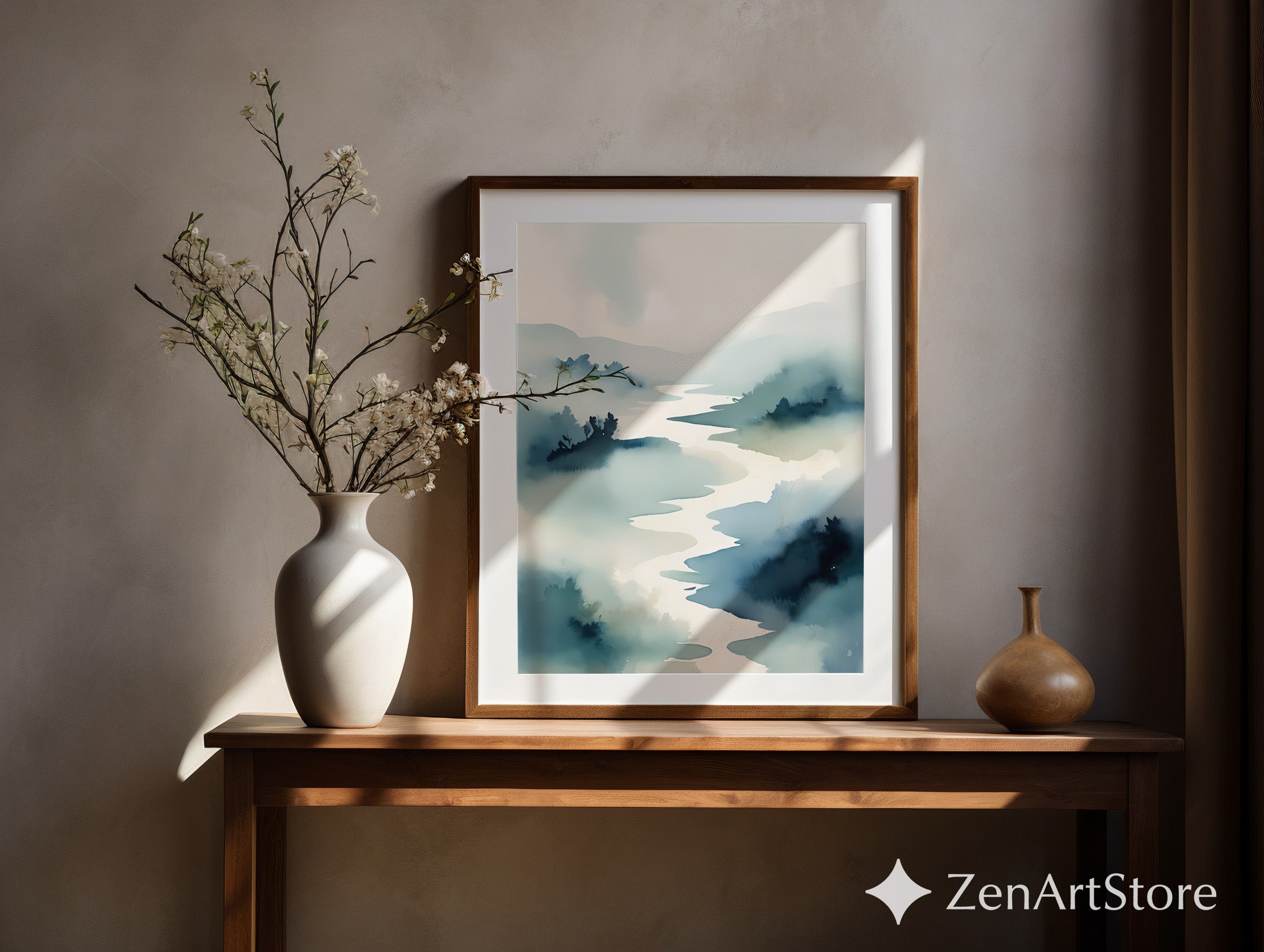 Misty River Watercolor Print - Minimal Japandi Landscape Art, Neutral Blue Zen Wall Decor for Living Room & Bedroom