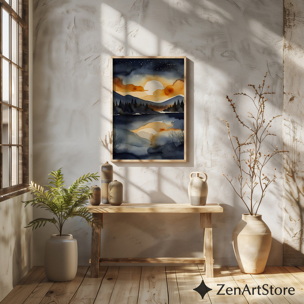 Serene Sunset Lake Watercolor Print - Moody Navy and Gold Mountain Landscape Wall Art