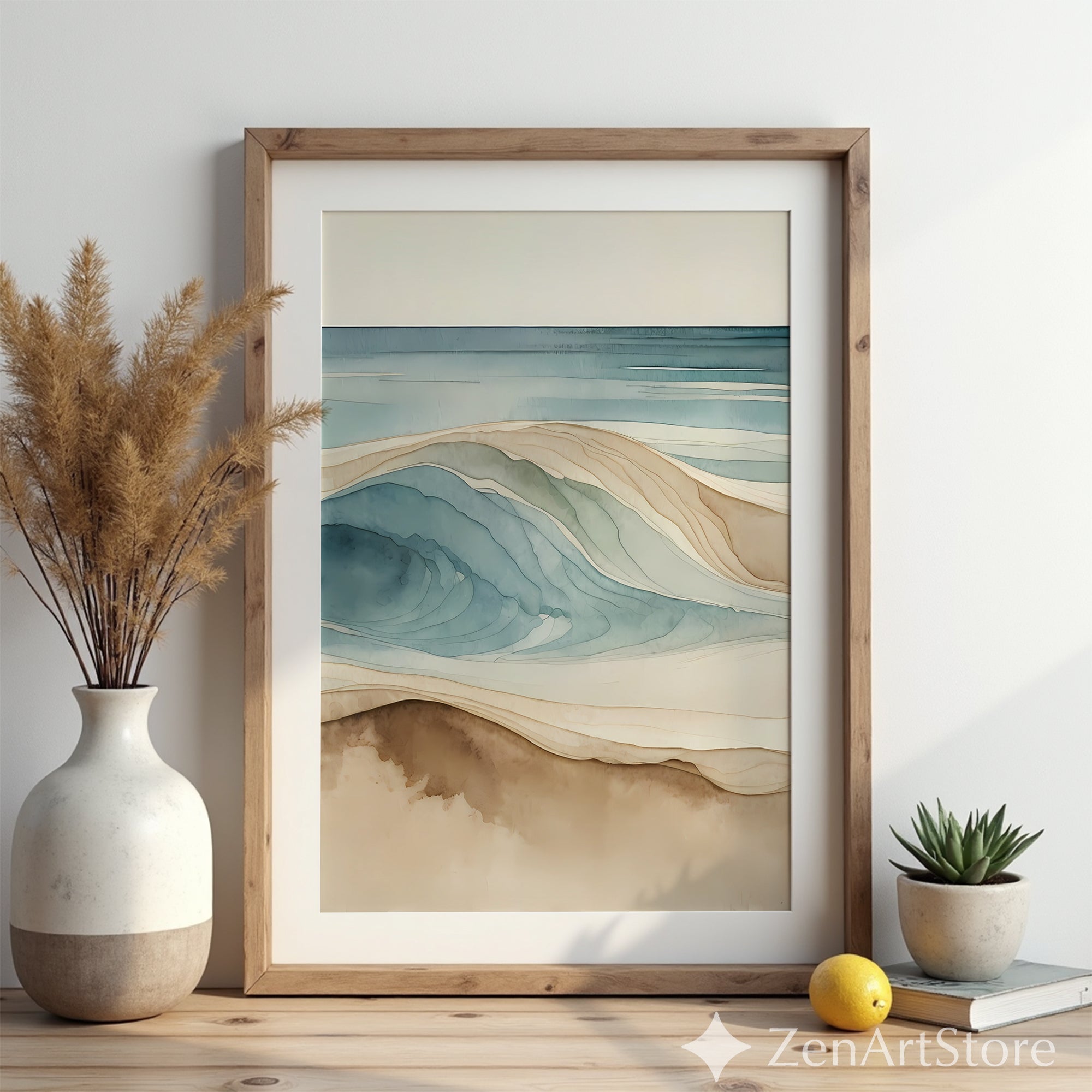 Neutral Coastal Wave Art Print - Minimal Beach Watercolor Wall Art for Japandi, Scandinavian & Wabi Sabi Home Decor