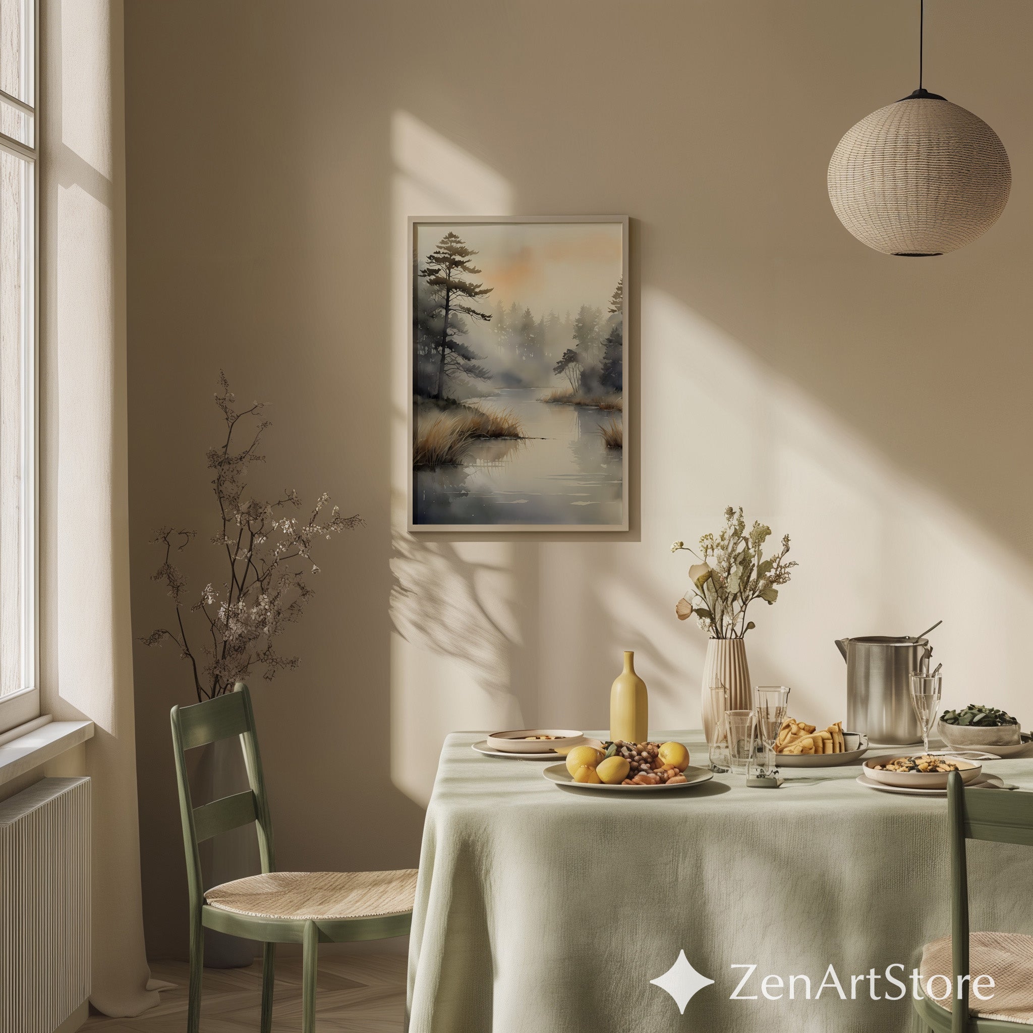 Misty Lake Watercolor Wall Art - Neutral Scandinavian Japandi Landscape Print for Calm Living Room Decor