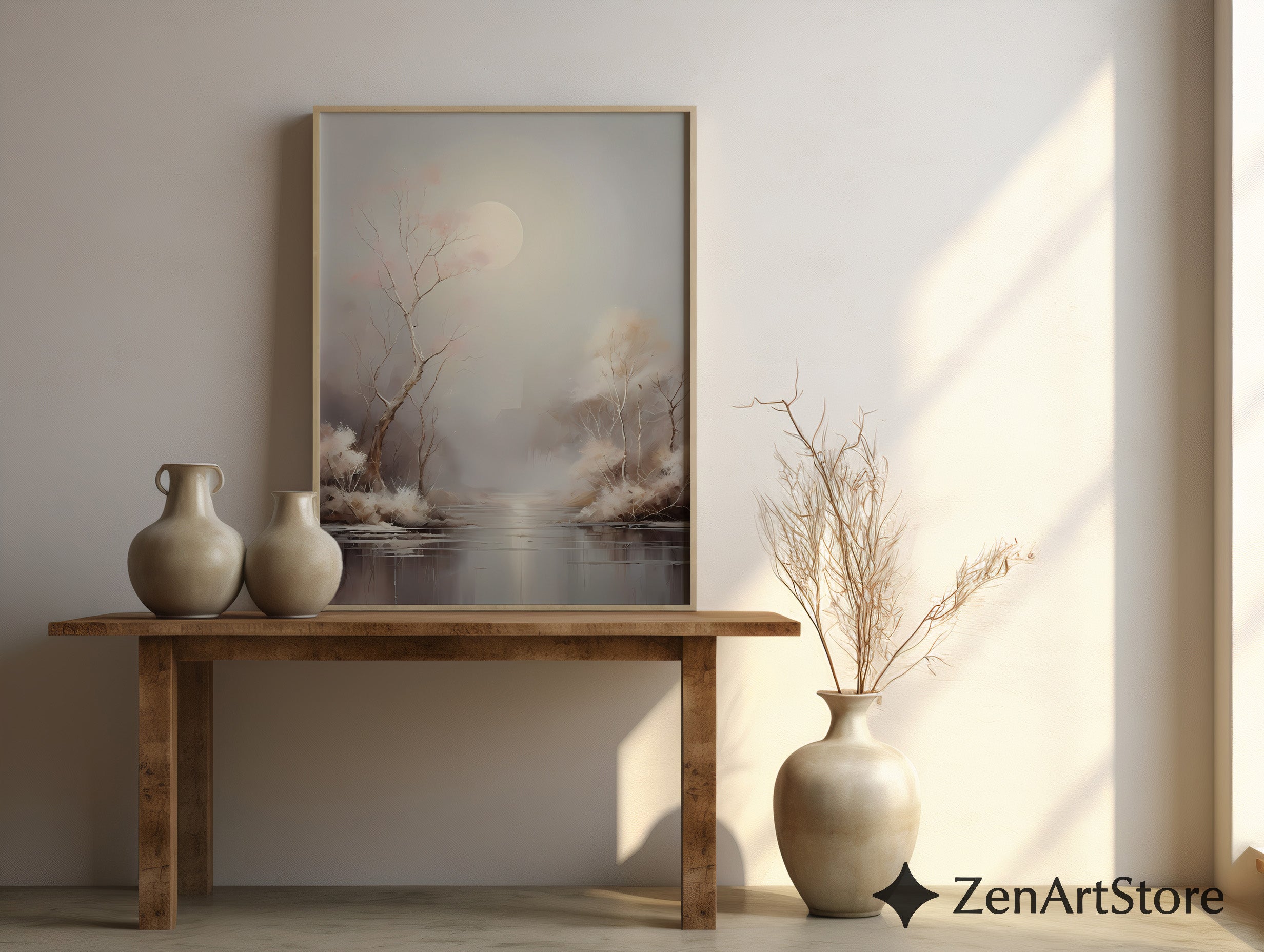 Moonlit Minimal Landscape Art Print - Japandi Neutral Wall Decor, Calming Beige & Blush Tree Canvas for Living Room or Bedroom