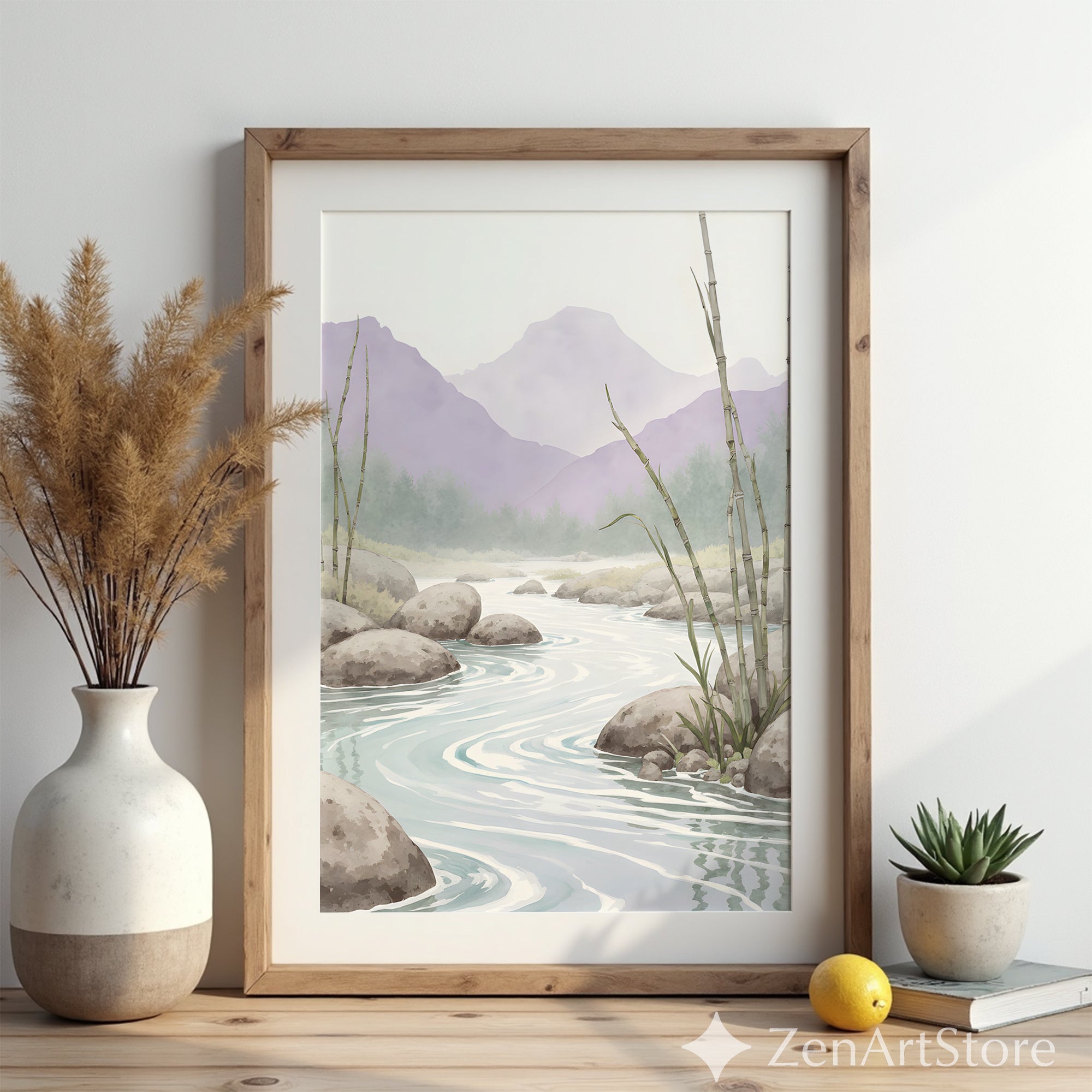 Calming Bamboo River Watercolor Print - Zen Landscape Wall Art for Japandi, Minimal & Scandinavian Home Decor