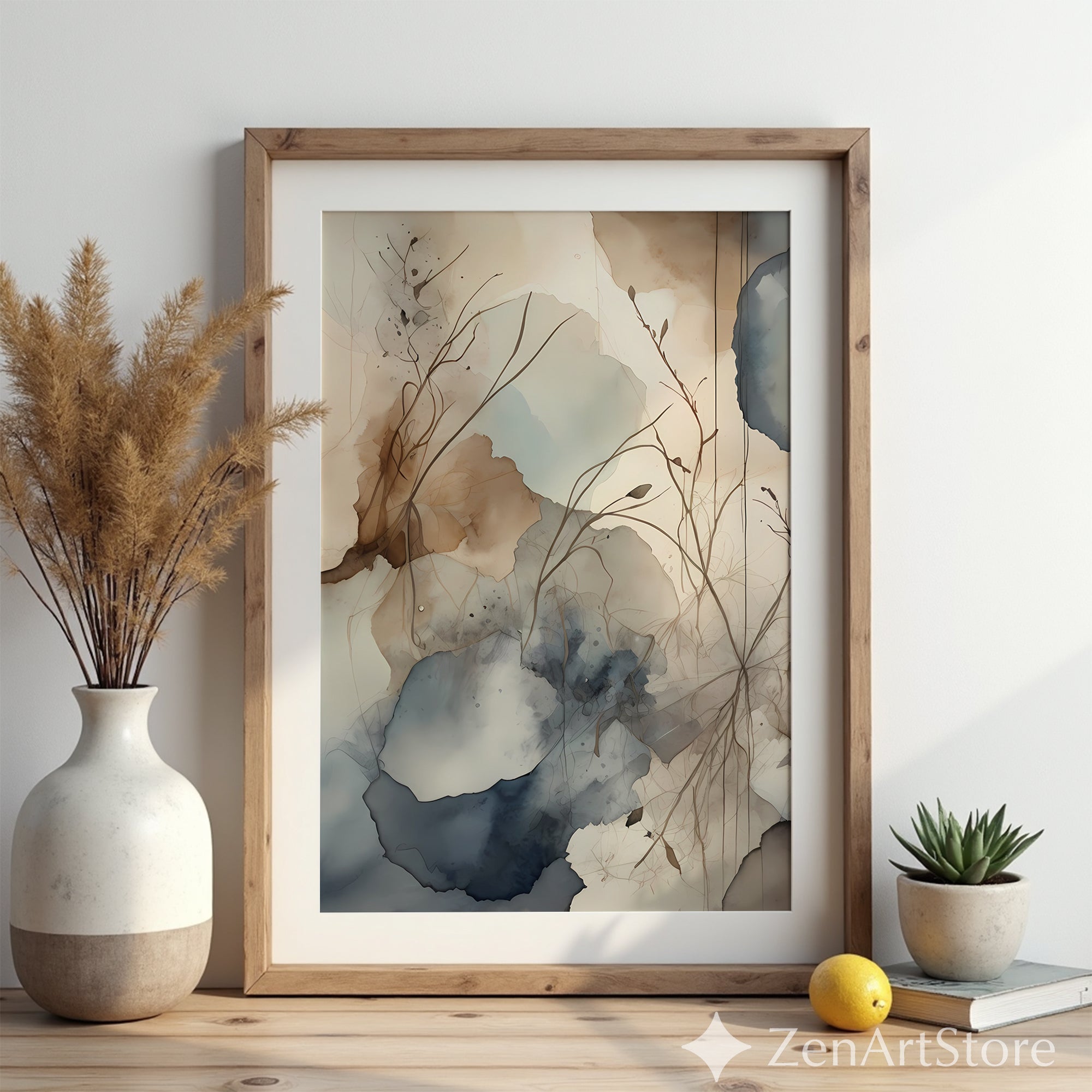 Abstract Botanical Wall Art Neutral Watercolor Print - Beige Blue Minimal Japandi Floral Canvas for Living Room