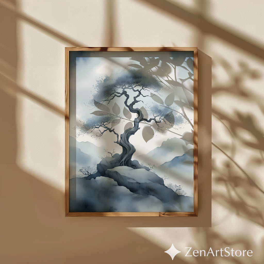 Misty Bonsai Tree Wall Art – Minimal Zen Landscape Print, Japandi Neutral Canvas or Printable for Living Room