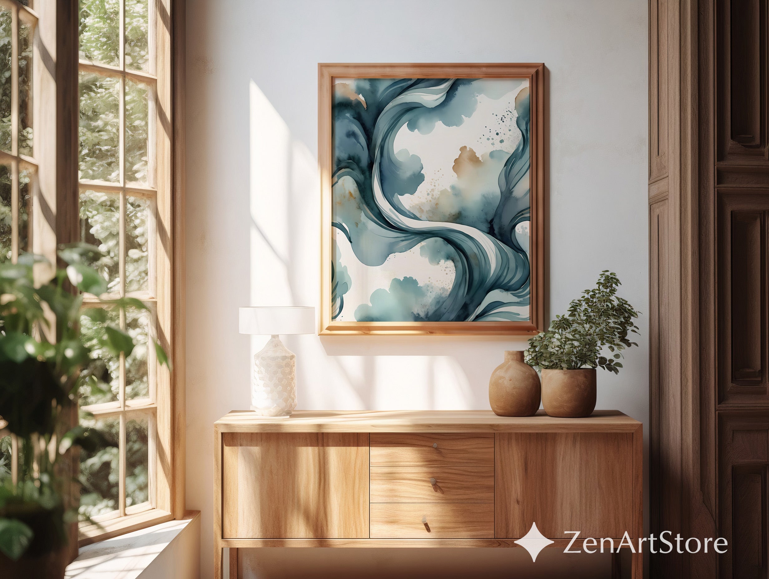 Teal Abstract Wave Wall Art - Modern Watercolor Print for Japandi, Minimalist Blue Beige Home Decor