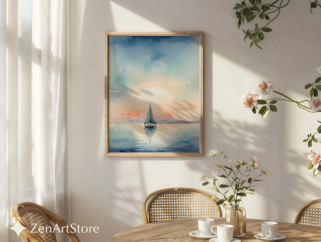 Calm Sailboat Watercolor Print - Serene Sunset Nautical Wall Art for Coastal Home