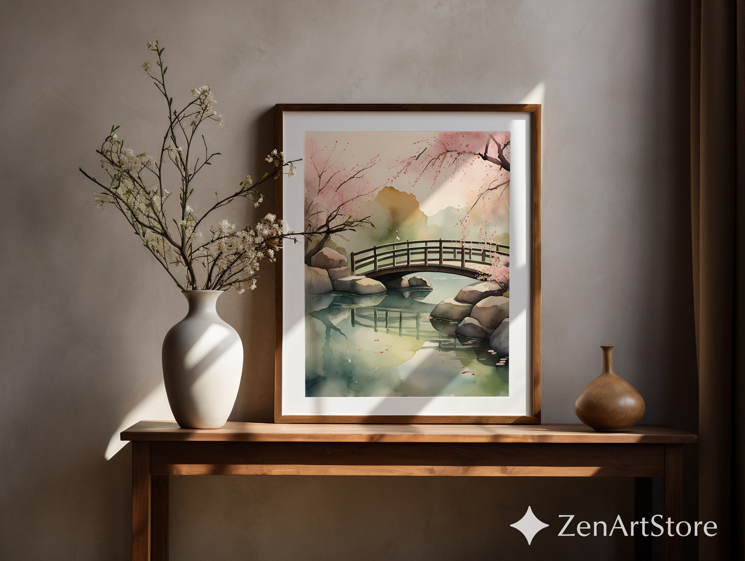 Serene Japanese Bridge Watercolor Print - Cherry Blossom Wall Art, Zen Japandi Minimal Landscape for Neutral Home Decor