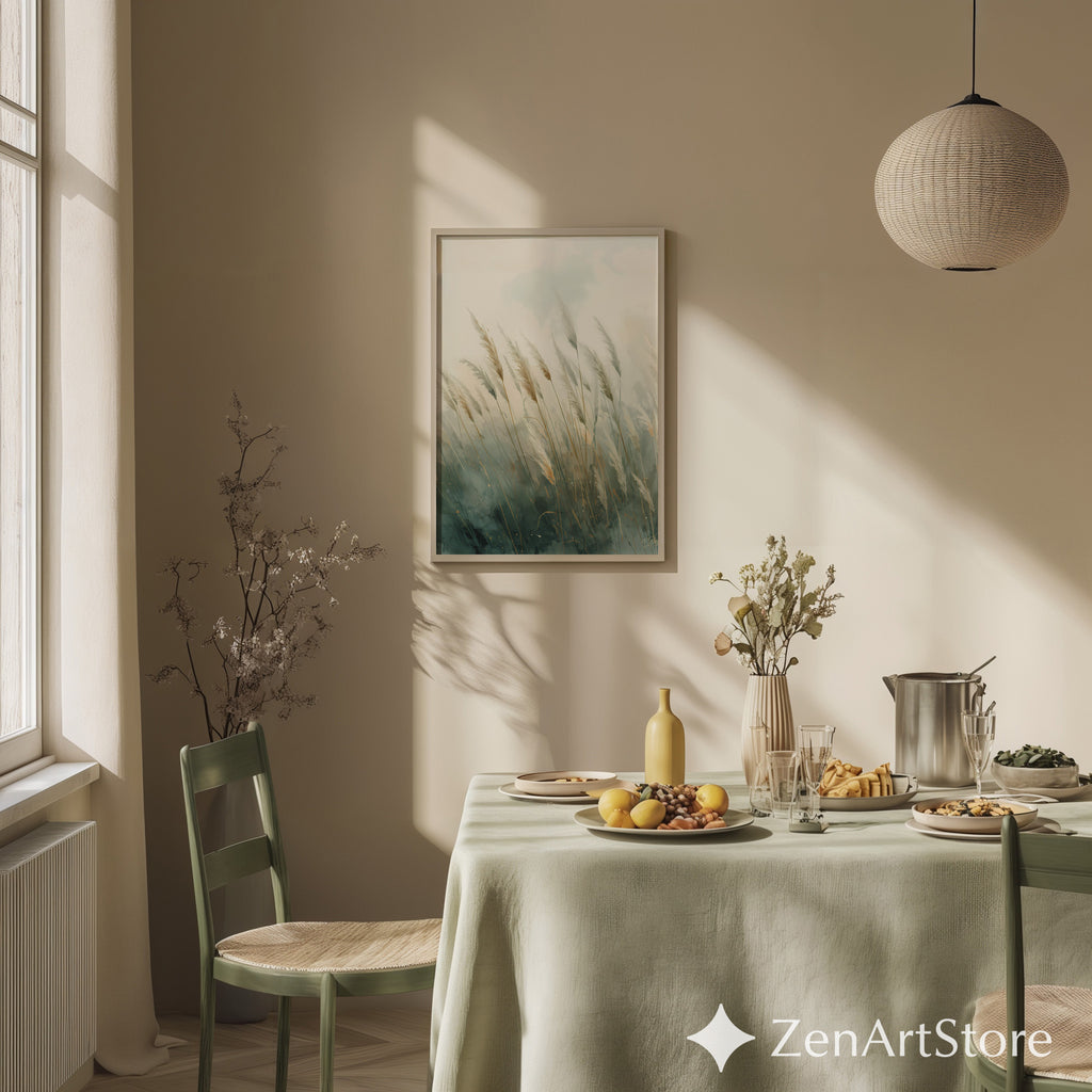 Pampas Grass Wall Art Print – Neutral Botanical Minimalist Canvas, Calm Teal Beige Landscape for Living Room, Bedroom, Japandi Home Decor