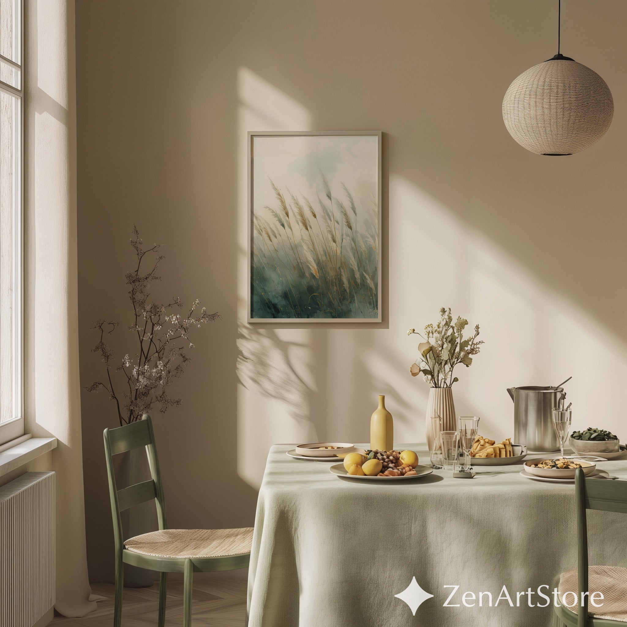 Pampas Grass Wall Art Print – Neutral Botanical Minimalist Canvas, Calm Teal Beige Landscape for Living Room, Bedroom, Japandi Home Decor