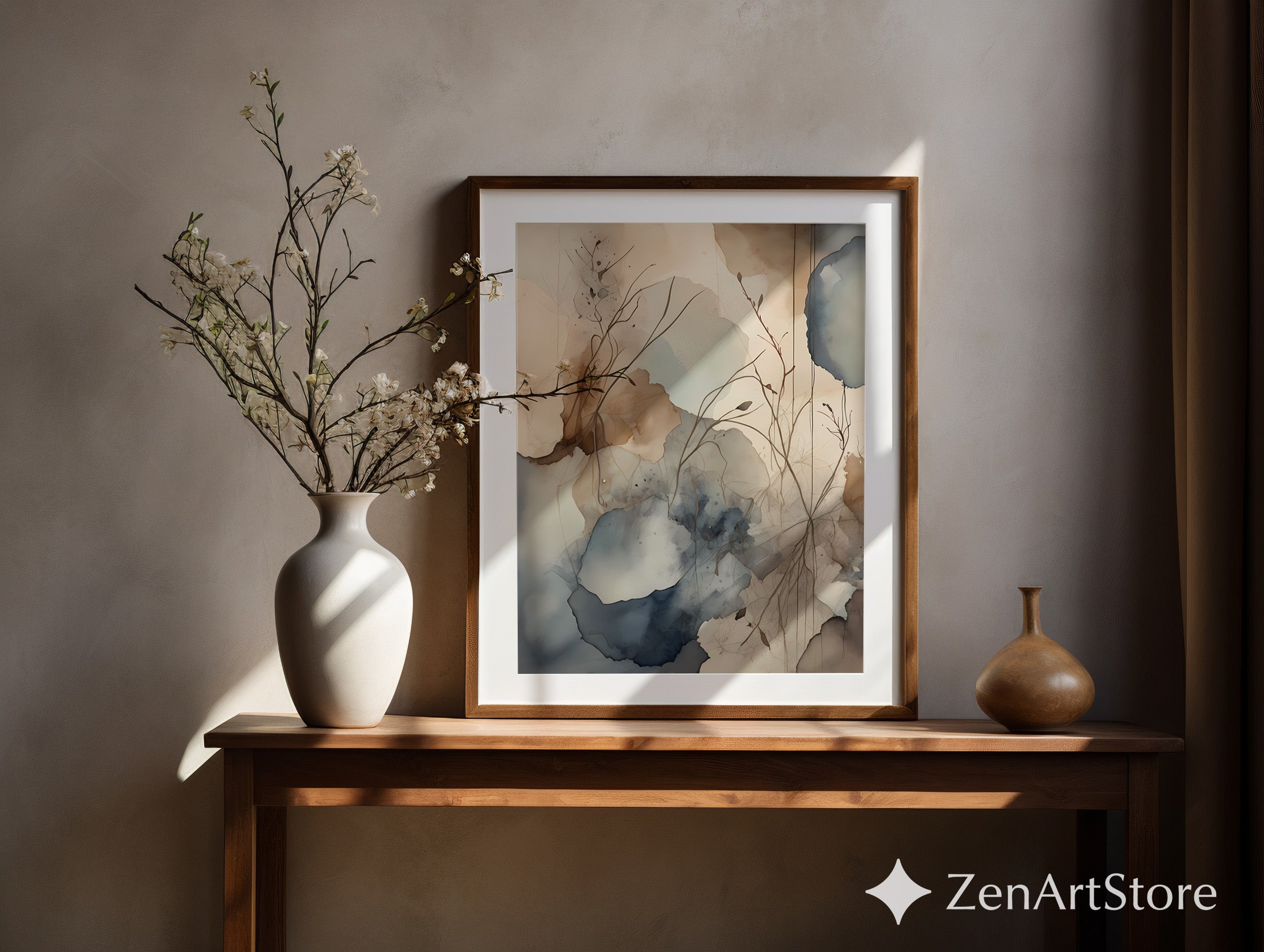 Abstract Botanical Wall Art Neutral Watercolor Print - Beige Blue Minimal Japandi Floral Canvas for Living Room