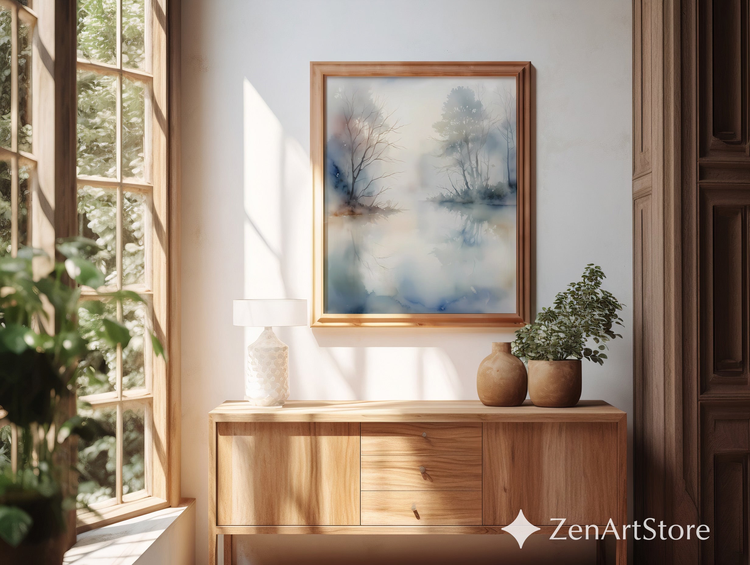 Misty Lake Watercolor Print - Neutral Zen Landscape Wall Art for Living Room, Japandi Minimalist Home Decor