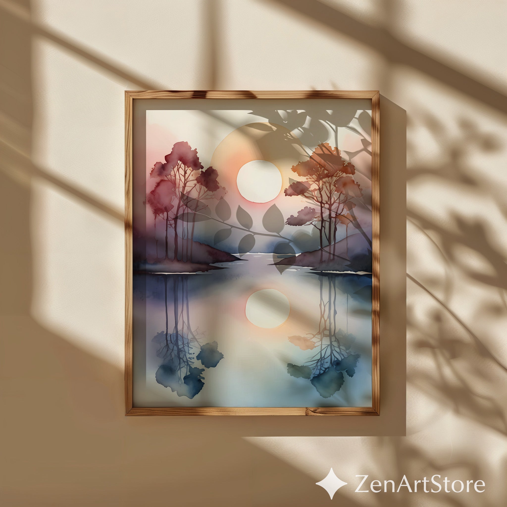 Watercolor Sunrise Reflection Print - Minimal Zen Landscape Wall Art for Japandi, Scandinavian & Boho Home Decor