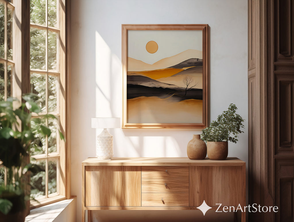 Minimal Abstract Desert Landscape Print - Warm Beige Ochre Modern Wall Art for Living Room, Japandi Scandi Canvas or Digital Download