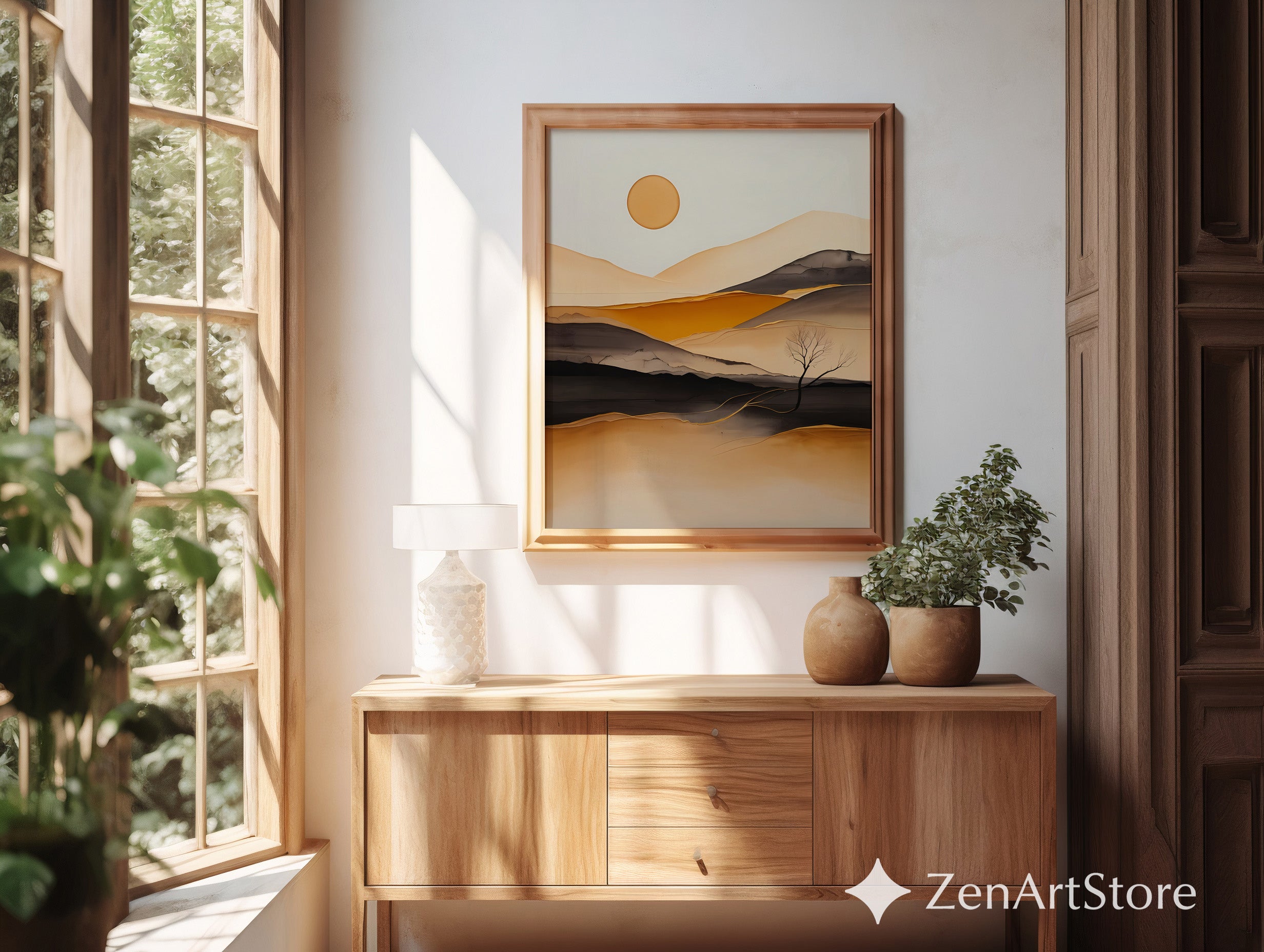 Minimal Abstract Desert Landscape Print - Warm Beige Ochre Modern Wall Art for Living Room, Japandi Scandi Canvas or Digital Download