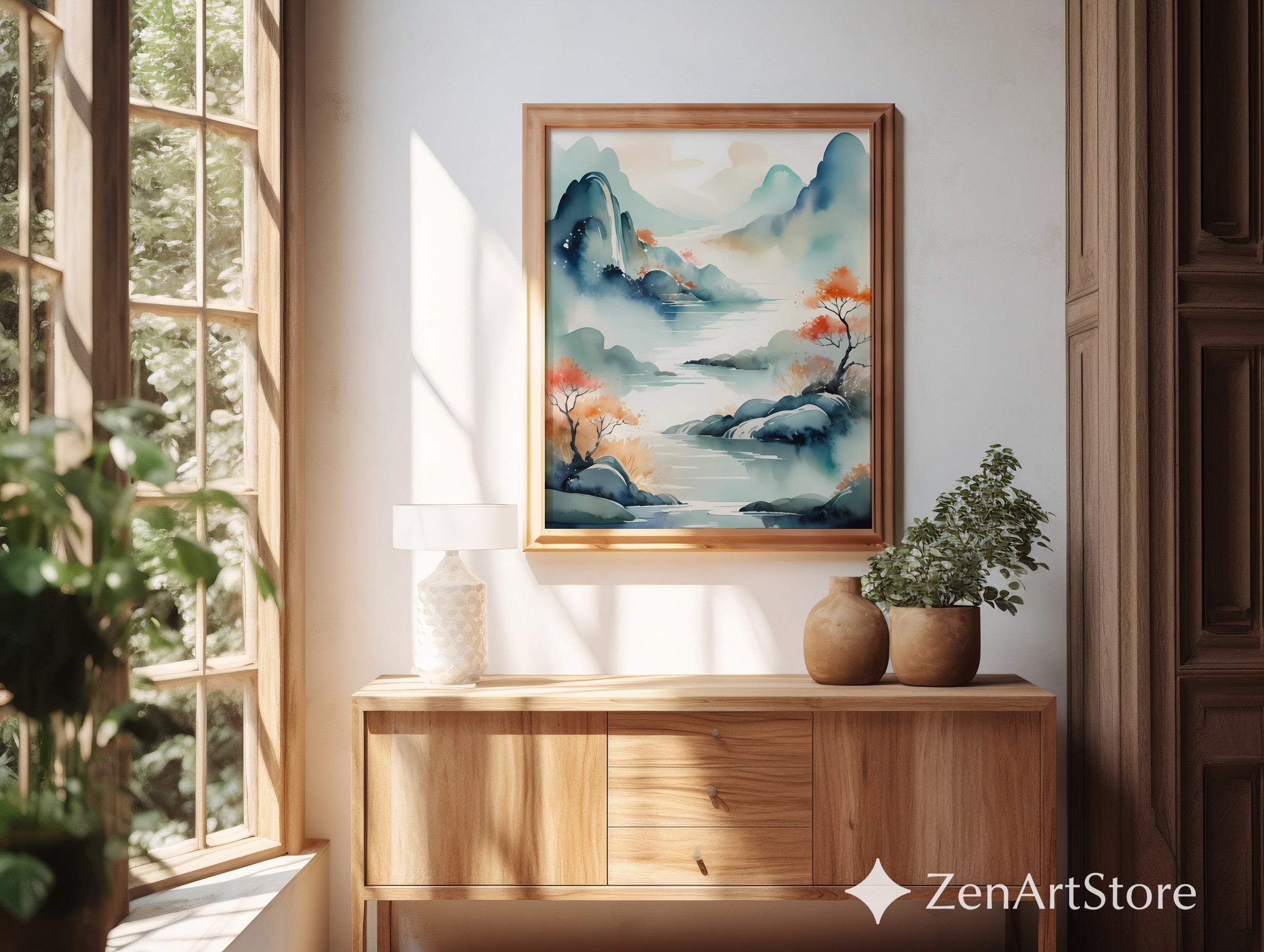 Serene Watercolor Landscape Print - Japandi Zen Mountain Lake Wall Art, Minimal Botanical Home Decor