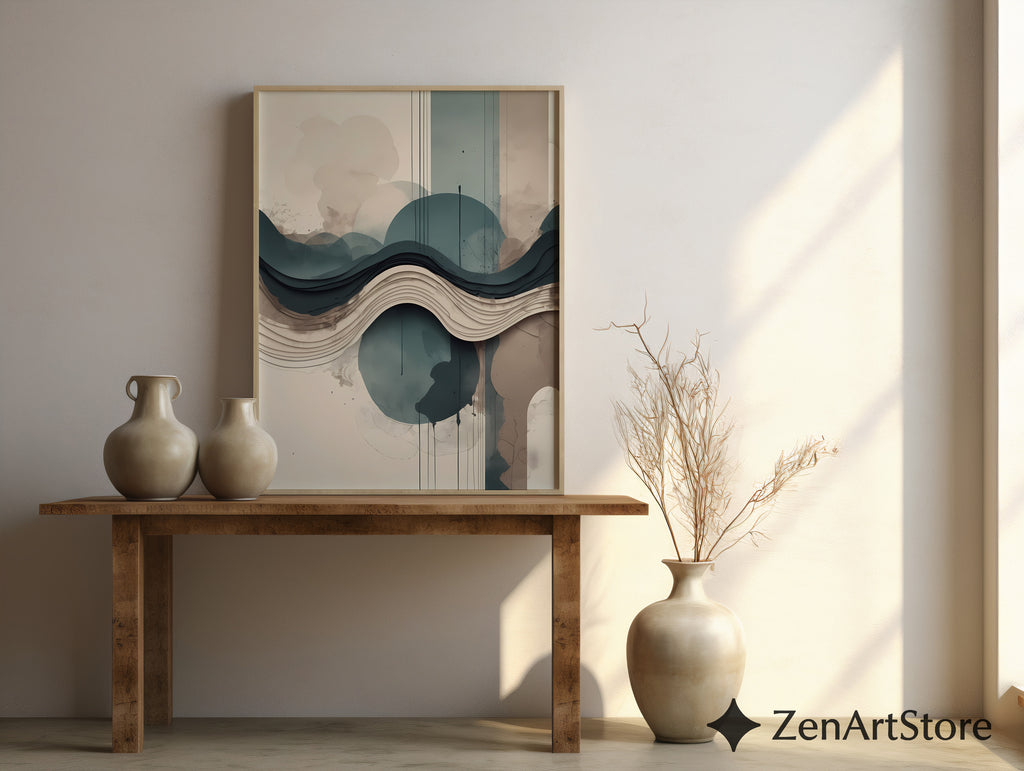 Layered Abstract Landscape Wall Art - Japandi Teal Beige Minimalist Print for Living Room & Bedroom