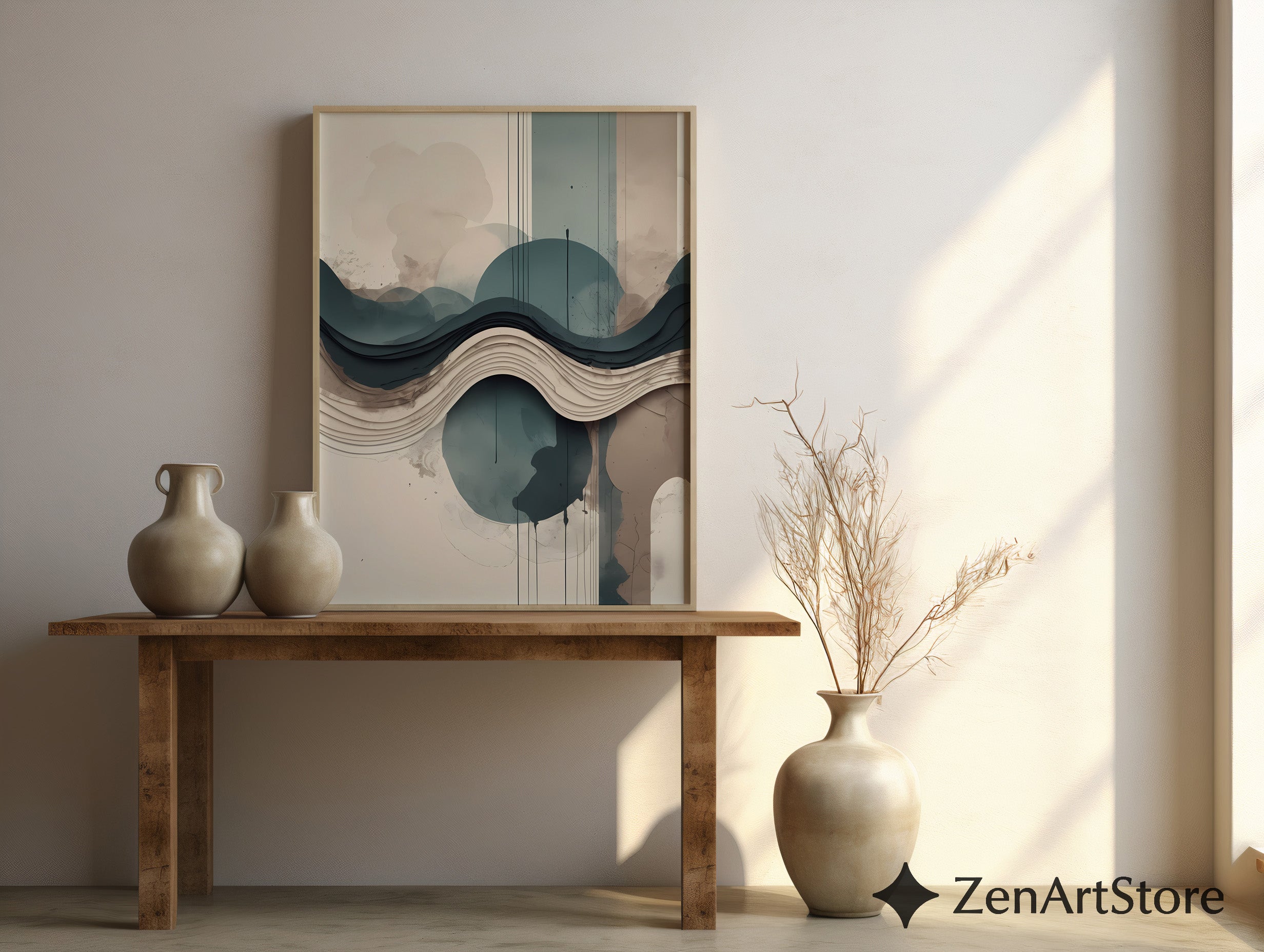 Layered Abstract Landscape Wall Art - Japandi Teal Beige Minimalist Print for Living Room & Bedroom