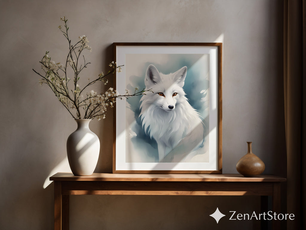 White Arctic Fox Wall Art - Minimal Scandinavian Japandi Fox Print, Neutral Modern Animal Portrait, Printable Digital Download for Home Decor