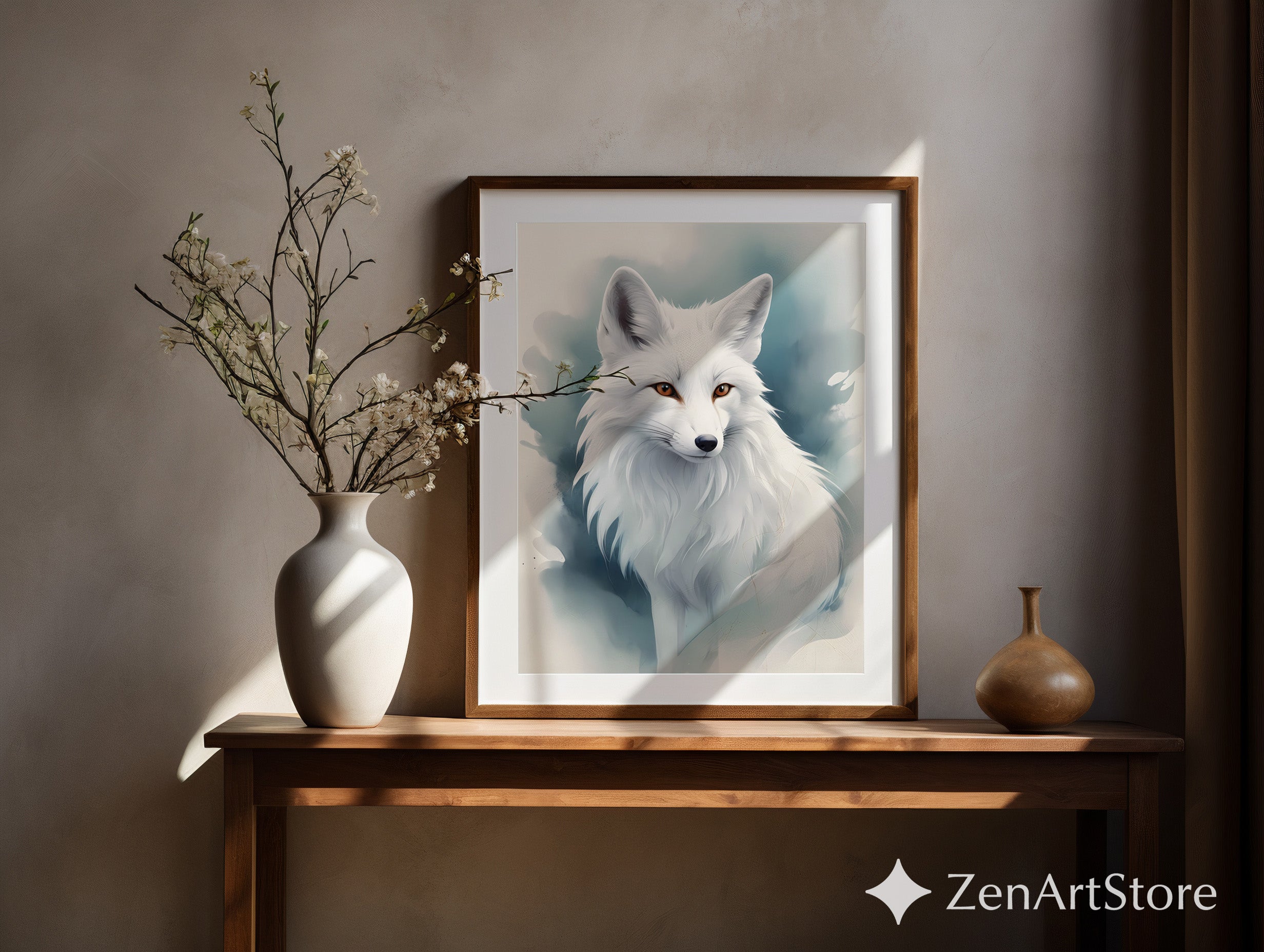 White Arctic Fox Wall Art - Minimal Scandinavian Japandi Fox Print, Neutral Modern Animal Portrait, Printable Digital Download for Home Decor