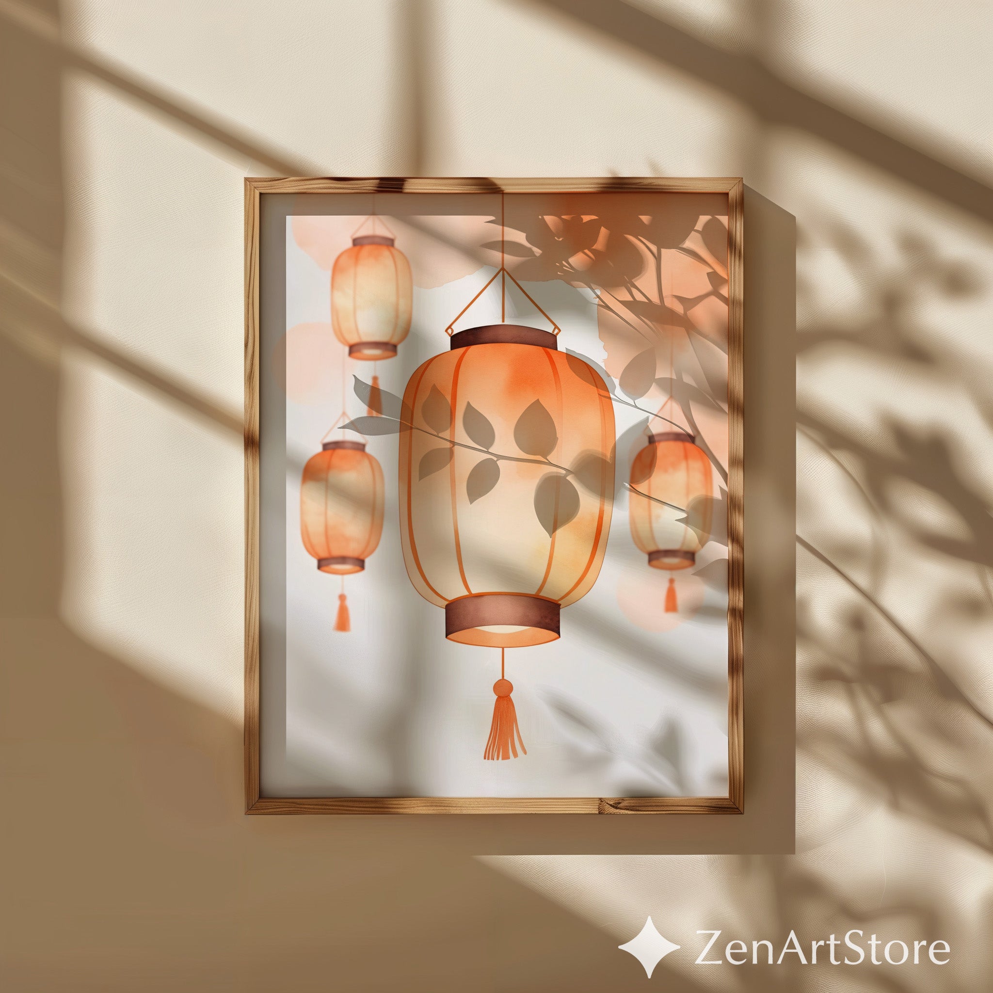 Warm Orange Lantern Wall Art - Minimal Paper Lantern Print, Japandi Zen Home Decor, Digital Download & Fine Art Print