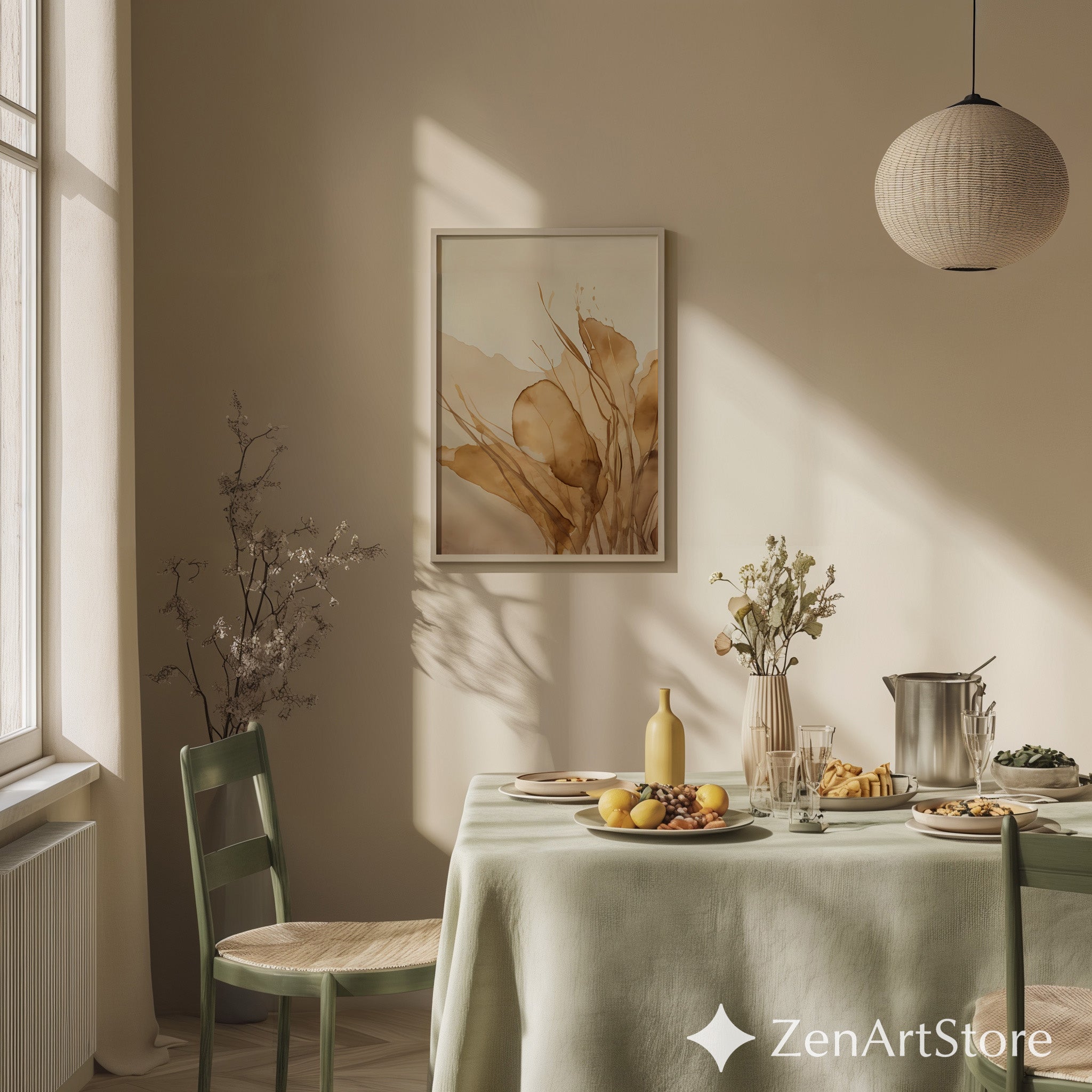 Neutral Botanical Wall Art Print - Beige Abstract Leaves Watercolor, Japandi Minimal Home Decor, Wabi Sabi Boho Poster