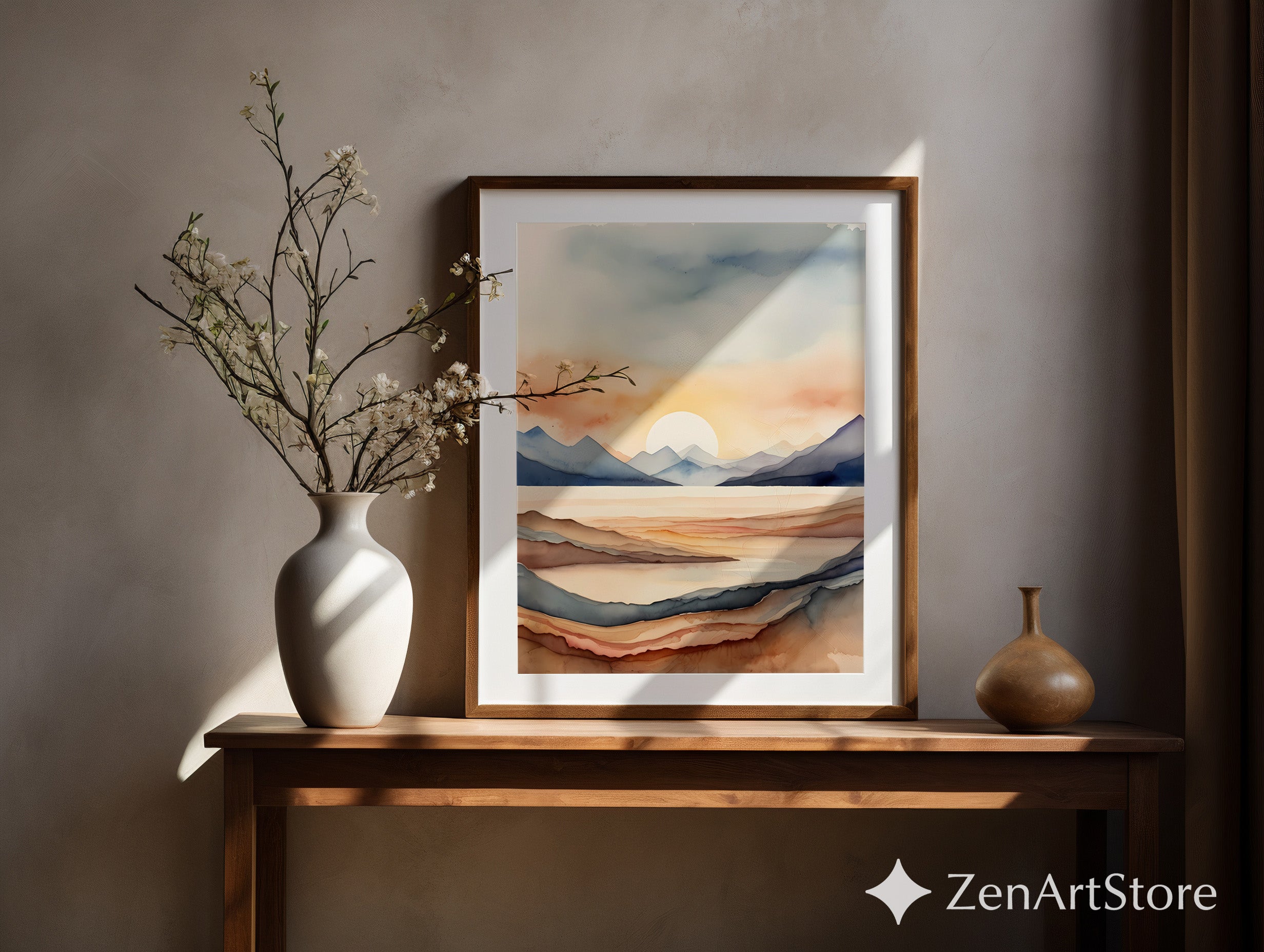Watercolor Mountain Sunset Print - Neutral Abstract Landscape Wall Art, Minimalist Japandi Boho Home Decor