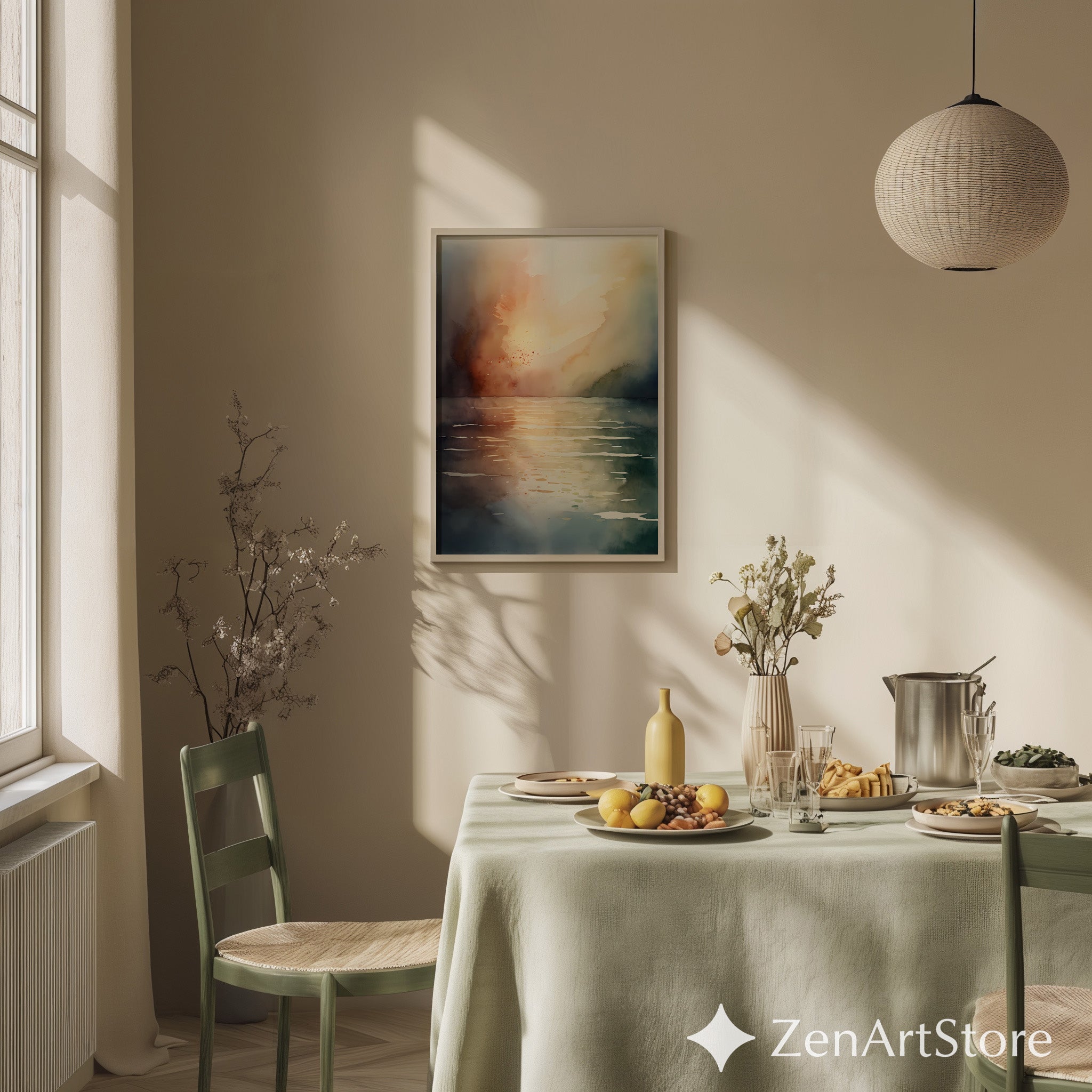 Serene Abstract Sunset Watercolor Print - Neutral Japandi Coastal Wall Art, Minimalist Living Room Decor