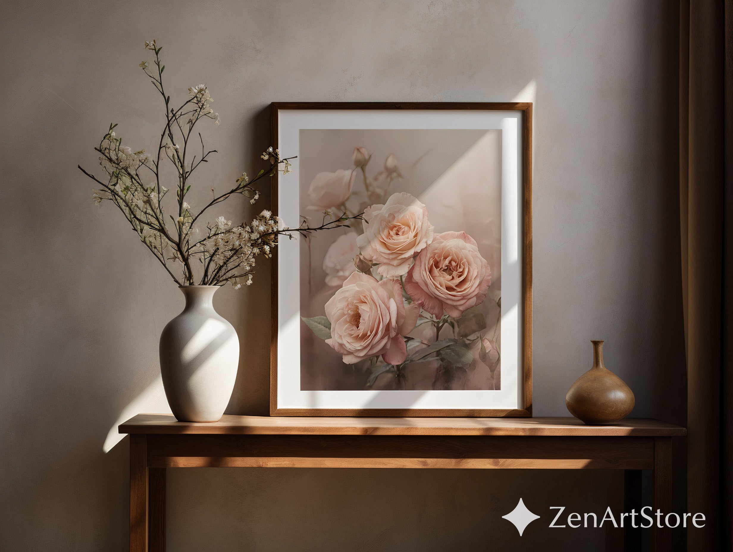 Blush Roses Wall Art, Soft Pink Floral Print for Neutral Home Decor, Botanical Rose Poster for Bedroom Living Room Nursery, Wabi Sabi Japandi