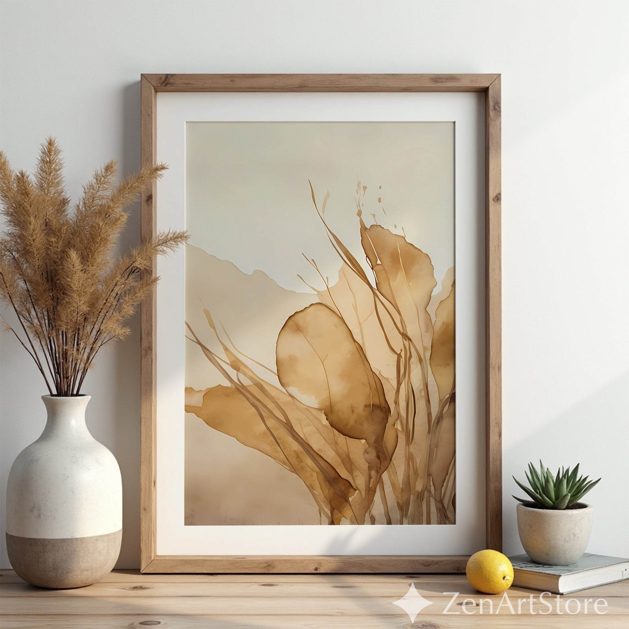 Neutral Botanical Wall Art Print - Beige Abstract Leaves Watercolor, Japandi Minimal Home Decor, Wabi Sabi Boho Poster