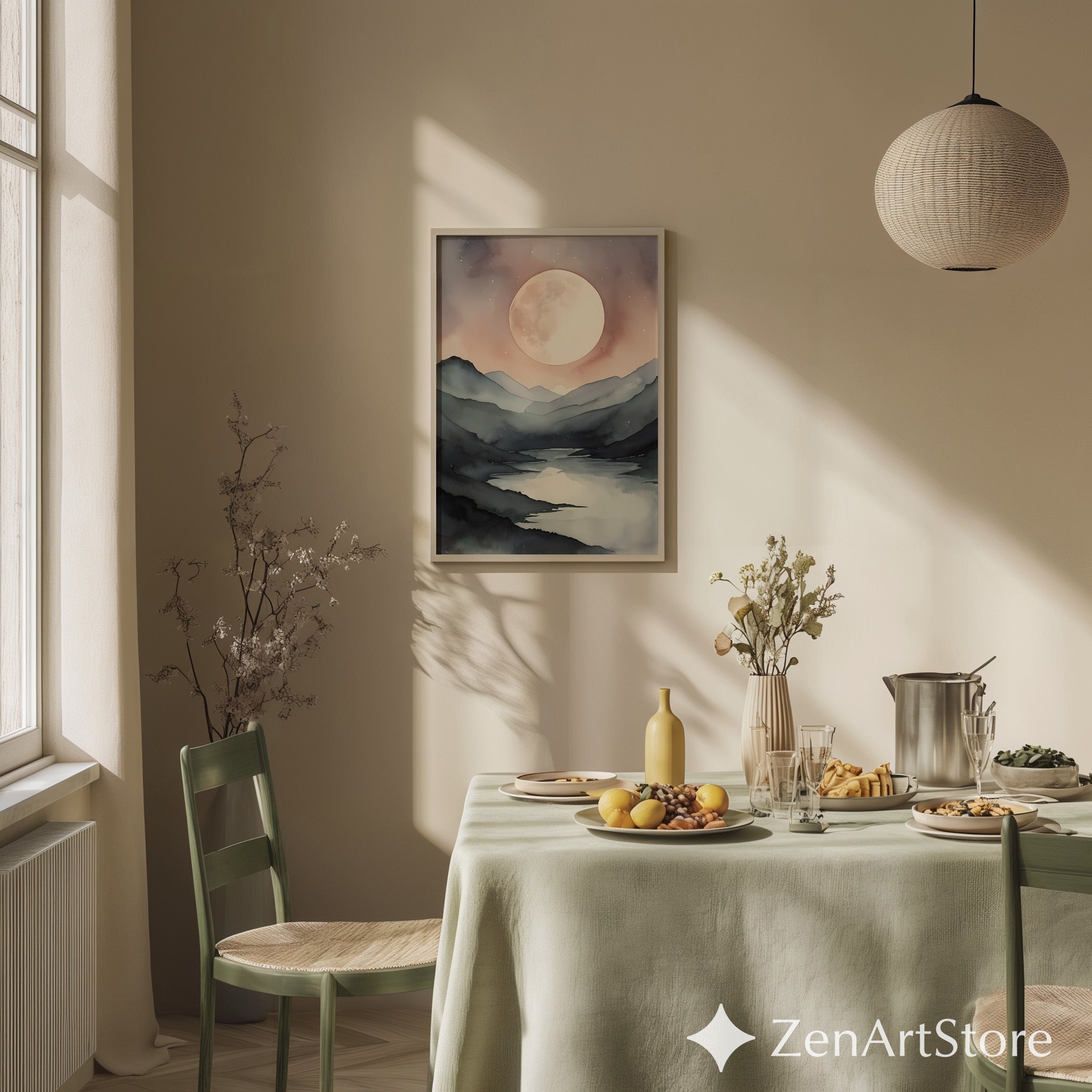 Serene Moonlit Mountain Lake Watercolor Print - Japandi Minimal Neutral Wall Art, Beige & Gray Landscape