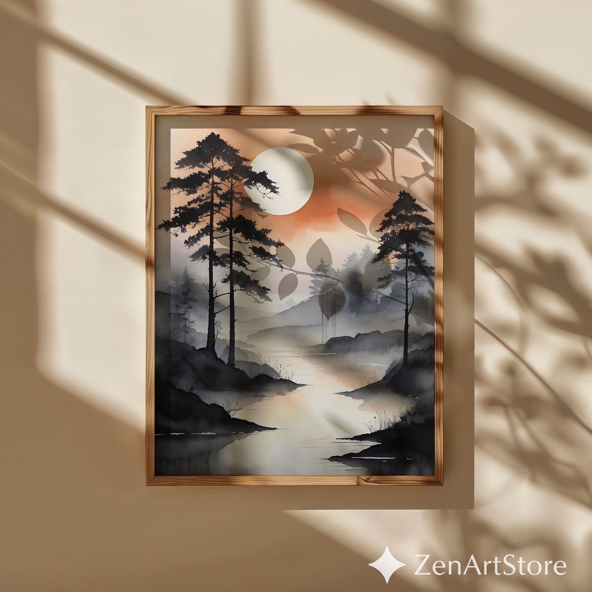 Misty River Landscape Wall Art - Zen Japandi Minimal Sunset Print, Neutral Wabi Sabi Home Decor