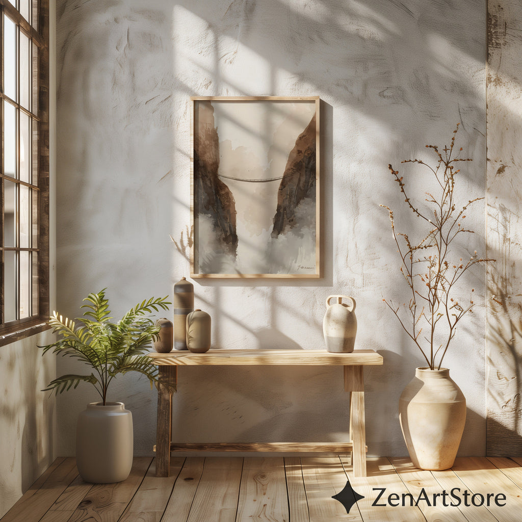 Neutral Mountain Bridge Watercolor Print – Minimal Japandi Wabi Sabi Wall Art for Living Room