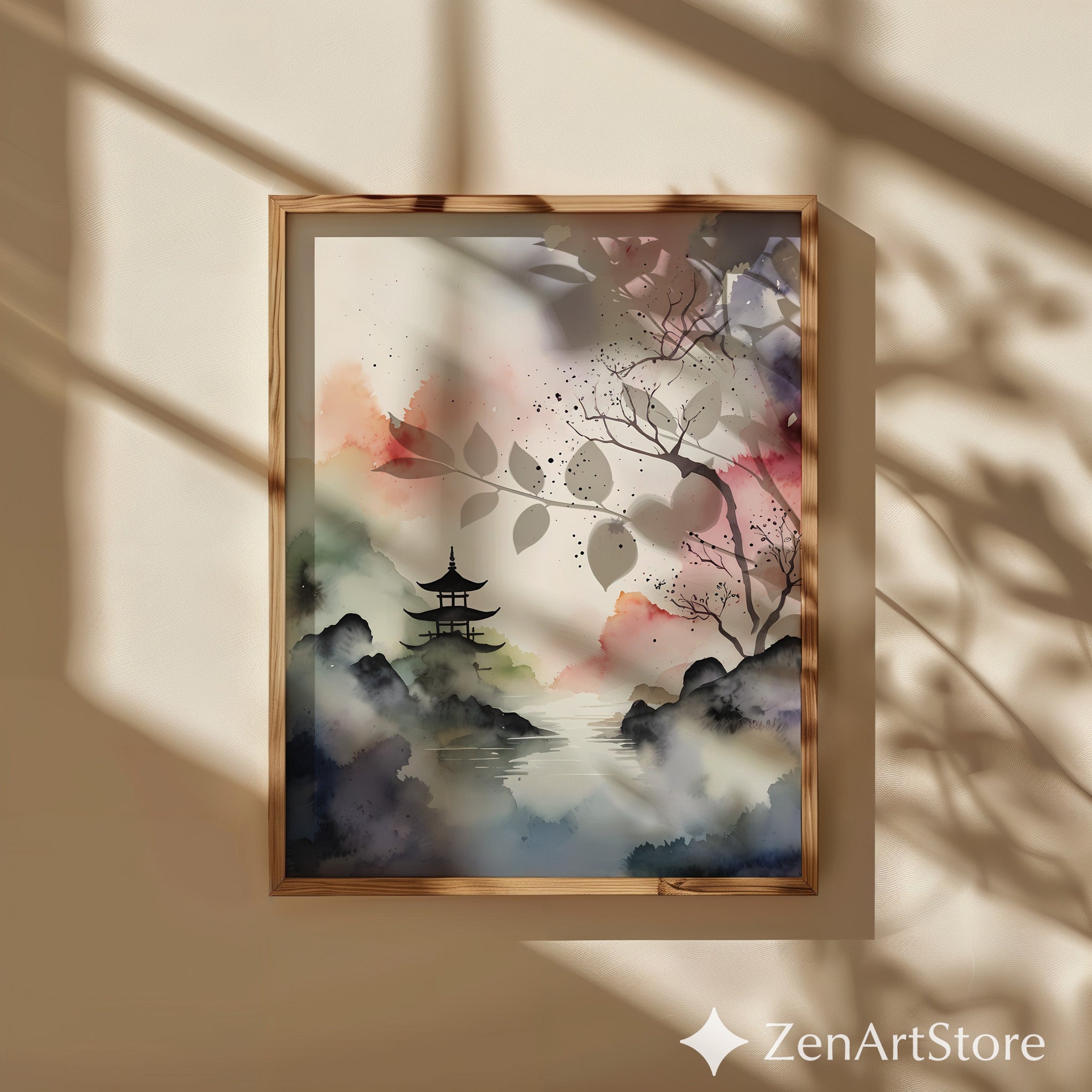 Japanese Watercolor Pagoda Print - Zen Mist Landscape Wall Art, Minimal Japandi Neutral Home Decor