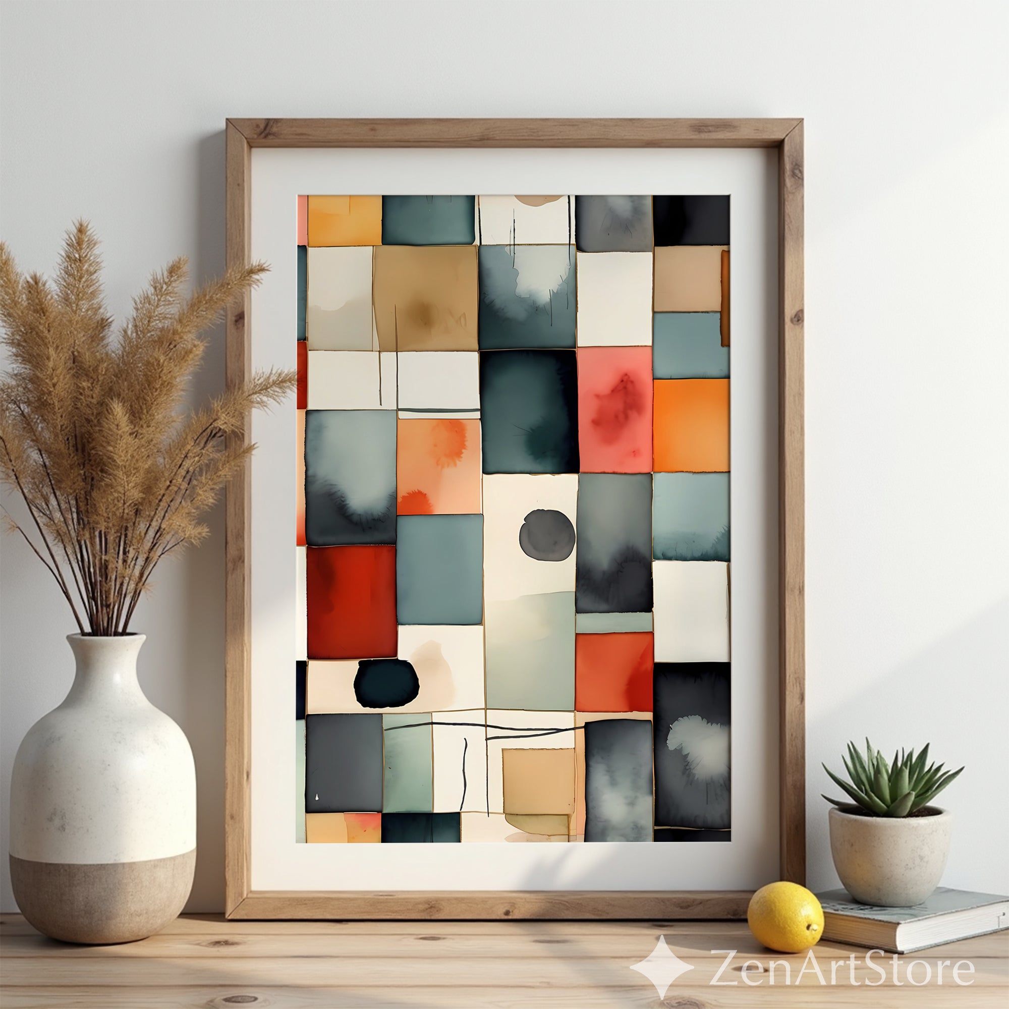 Abstract Watercolor Grid Wall Art - Modern Geometric Print in Teal Terracotta Beige - Japandi Scandinavian Minimal Home Decor