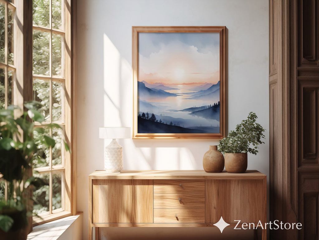 Misty Mountain Sunrise Wall Art Print - Calm Japandi Landscape Minimal Zen Home Decor