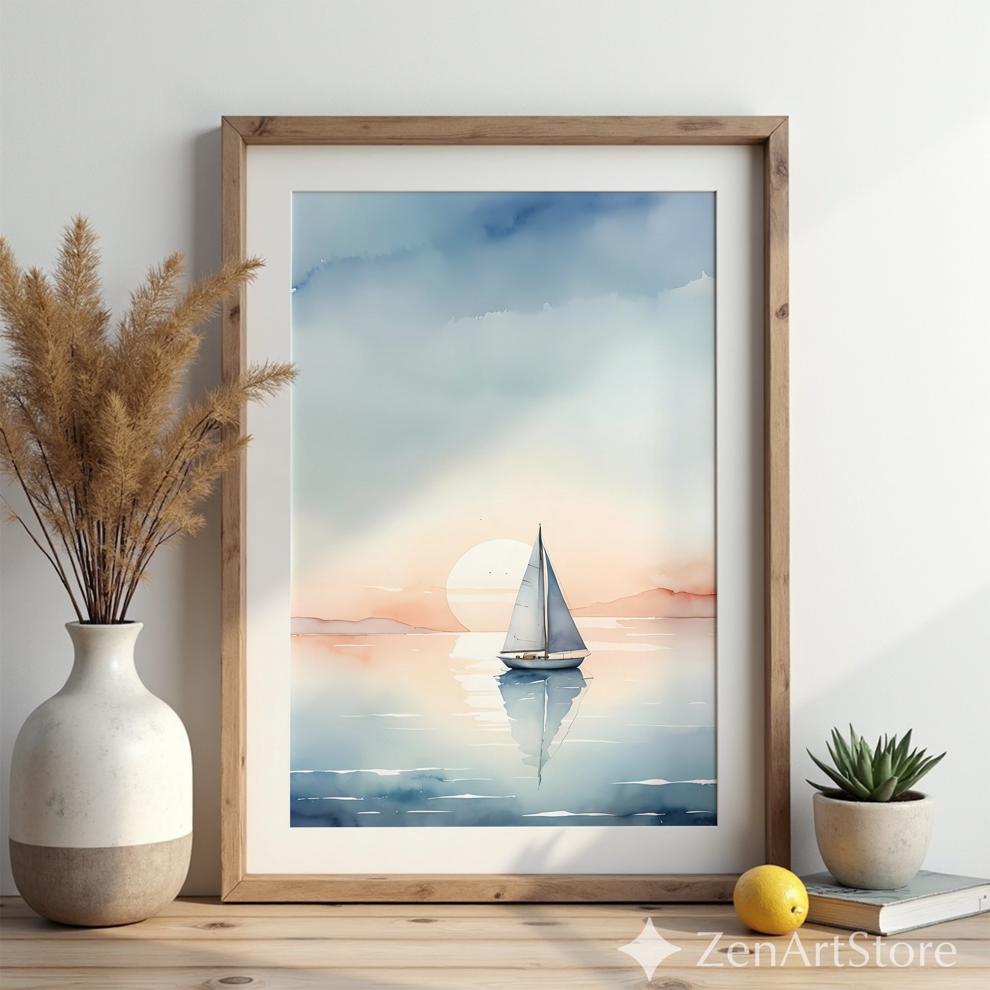 Sailboat Watercolor Print - Calm Pastel Seascape Wall Art for Coastal, Minimal & Japandi Home Decor