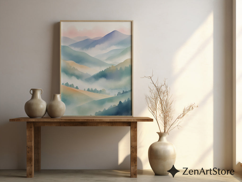 Misty Mountain Pastel Wall Art | Japandi Zen Landscape Print for Calm Minimal Home Decor