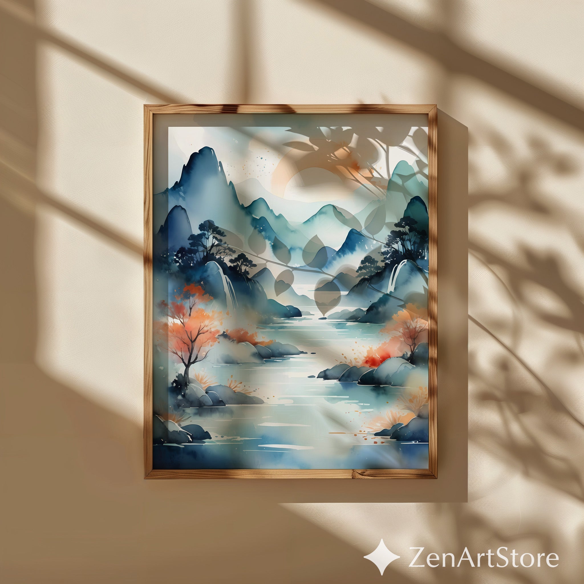 Watercolor Mountain Landscape Print - Serene Japandi Zen River Wall Art in Blue Teal & Peach - Calming Modern Home Decor