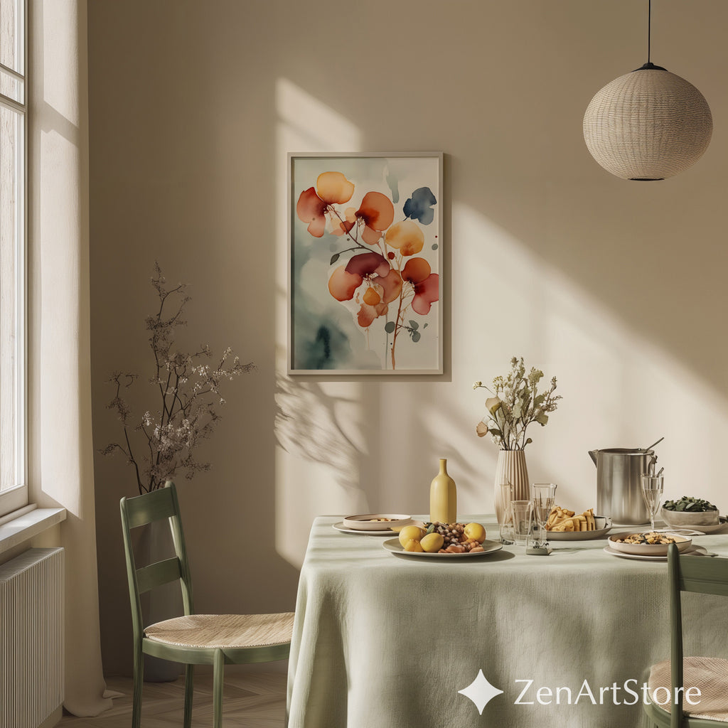 Abstract Floral Wall Art Print - Warm Rust & Ochre Minimal Botanical Japandi Wabi Sabi Neutral Home Decor