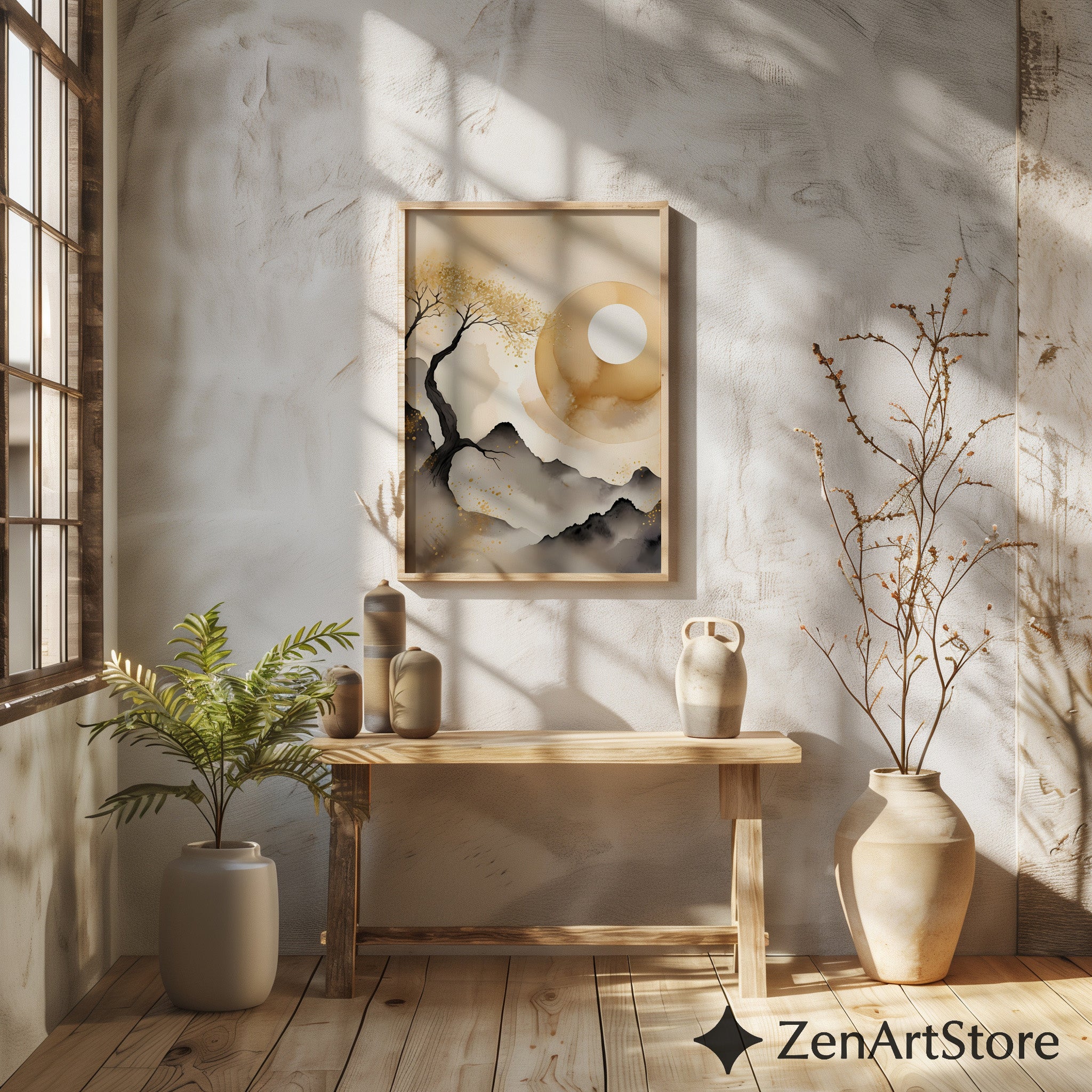 Golden Moon Zen Landscape - Minimal Japanese Abstract Printable Wall Art
