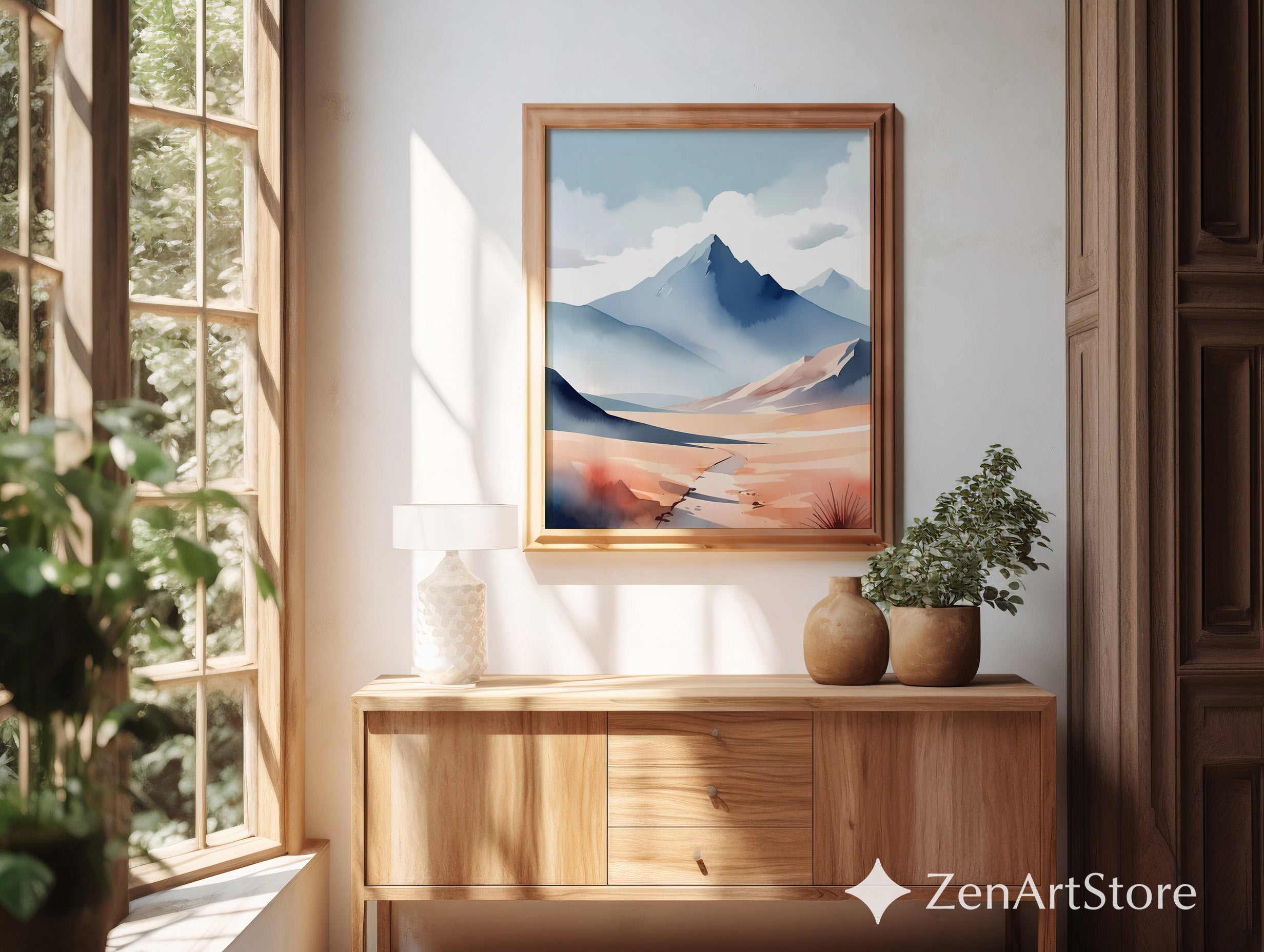 Blue Mountain Watercolor Print - Minimal Japandi Landscape Wall Art, Neutral Modern Home Decor Printable