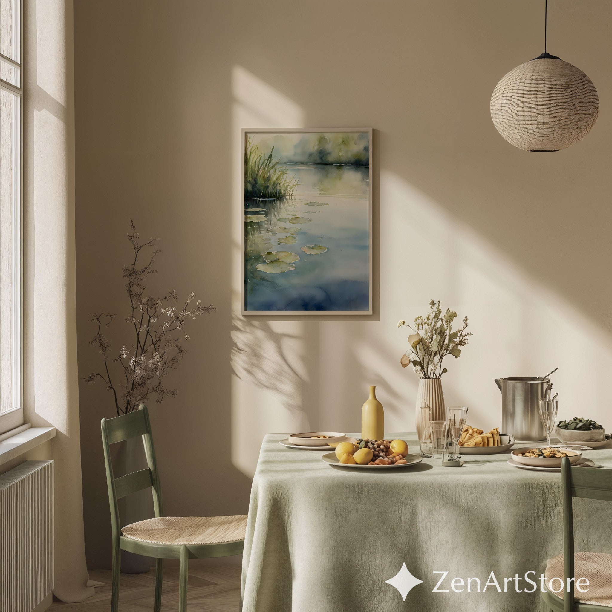 Serene Watercolor Pond Print - Waterlily & Reeds Botanical Wall Art for Living Room, Bedroom, Japandi Minimal Home Decor