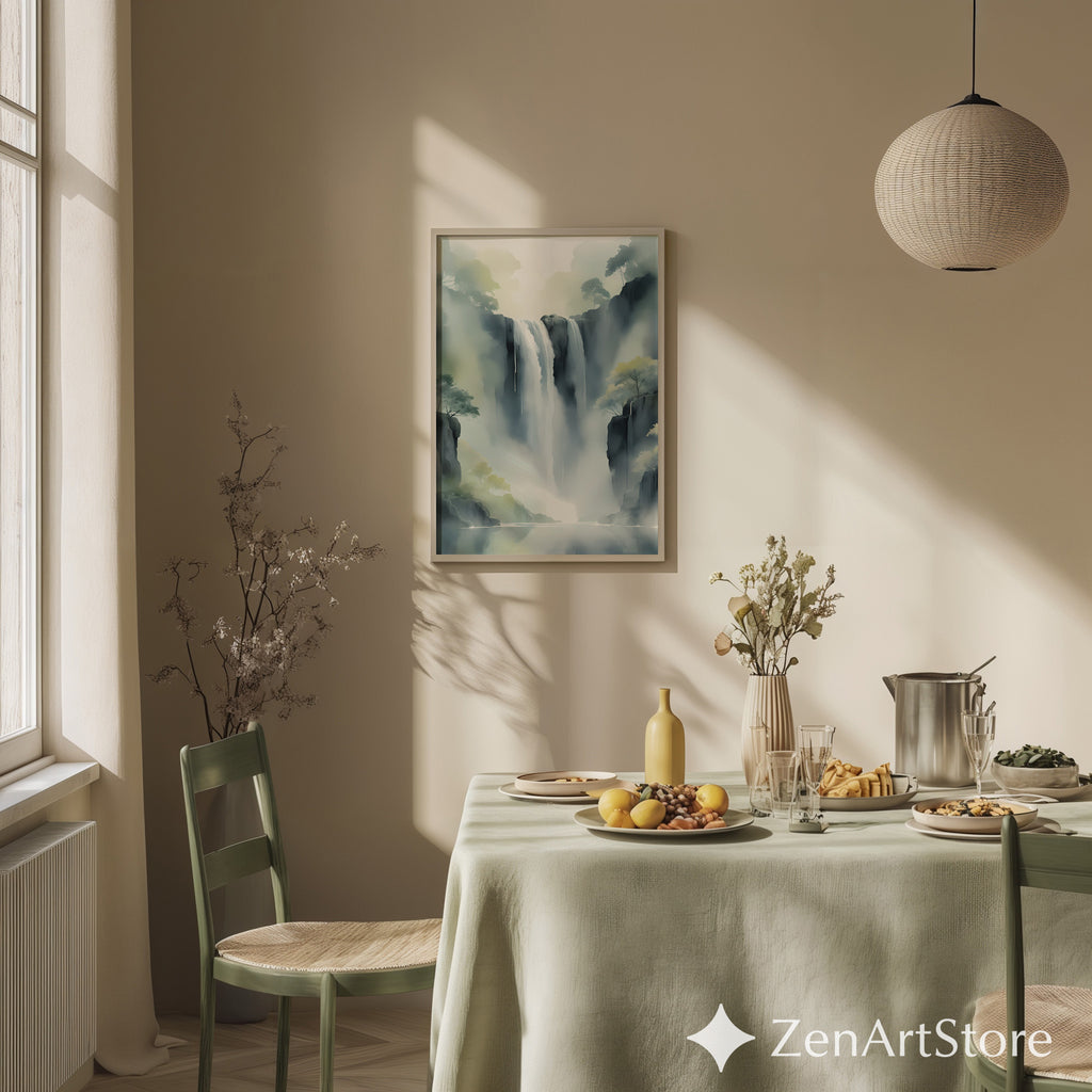 Misty Waterfall Wall Art Printable — Zen Japandi Landscape, Minimal Neutral Nature Print for Living Room & Bedroom