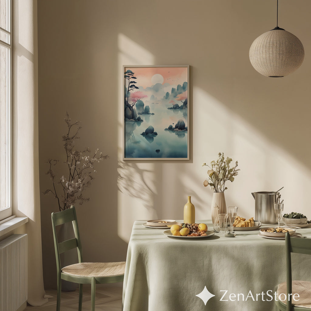 Serene Pastel Mountain Lake Wall Art - Zen Japandi Landscape Print, Printable & Canvas