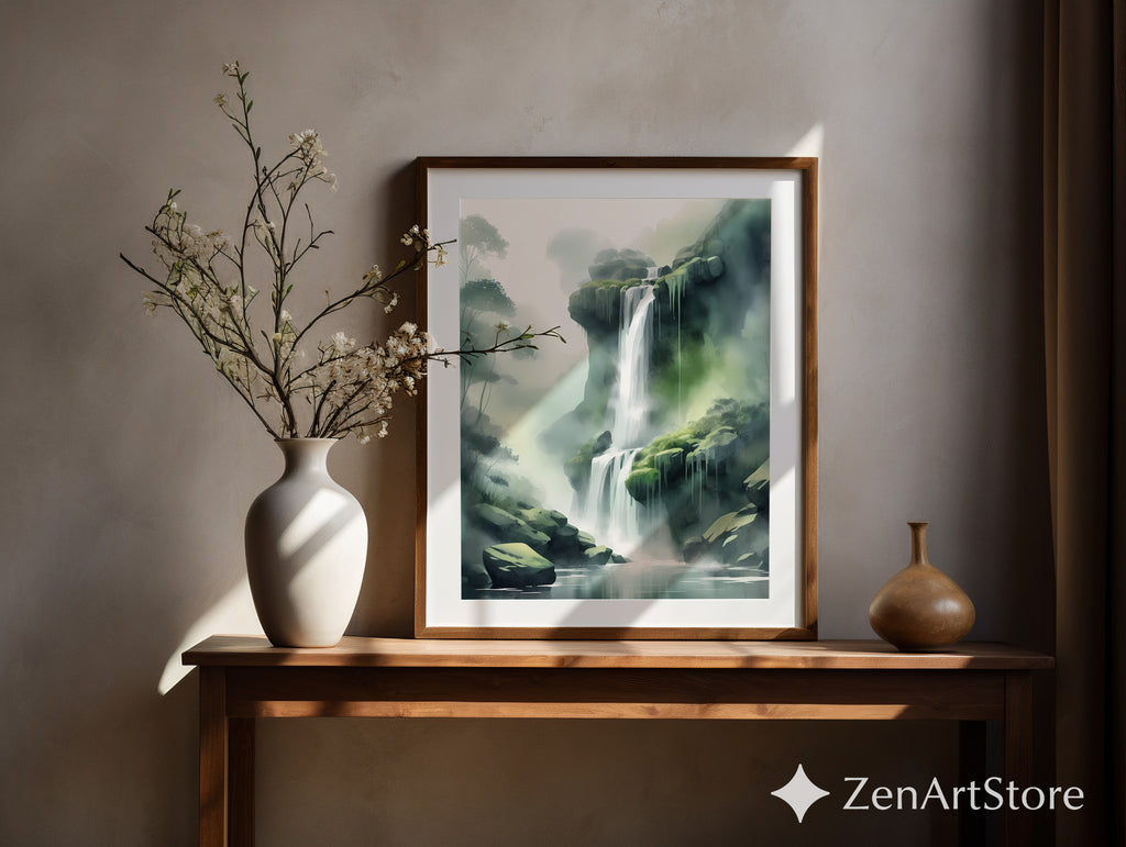 Misty Waterfall Wall Art Print – Zen Green Landscape for Living Room, Japandi Minimalist Nature Canvas