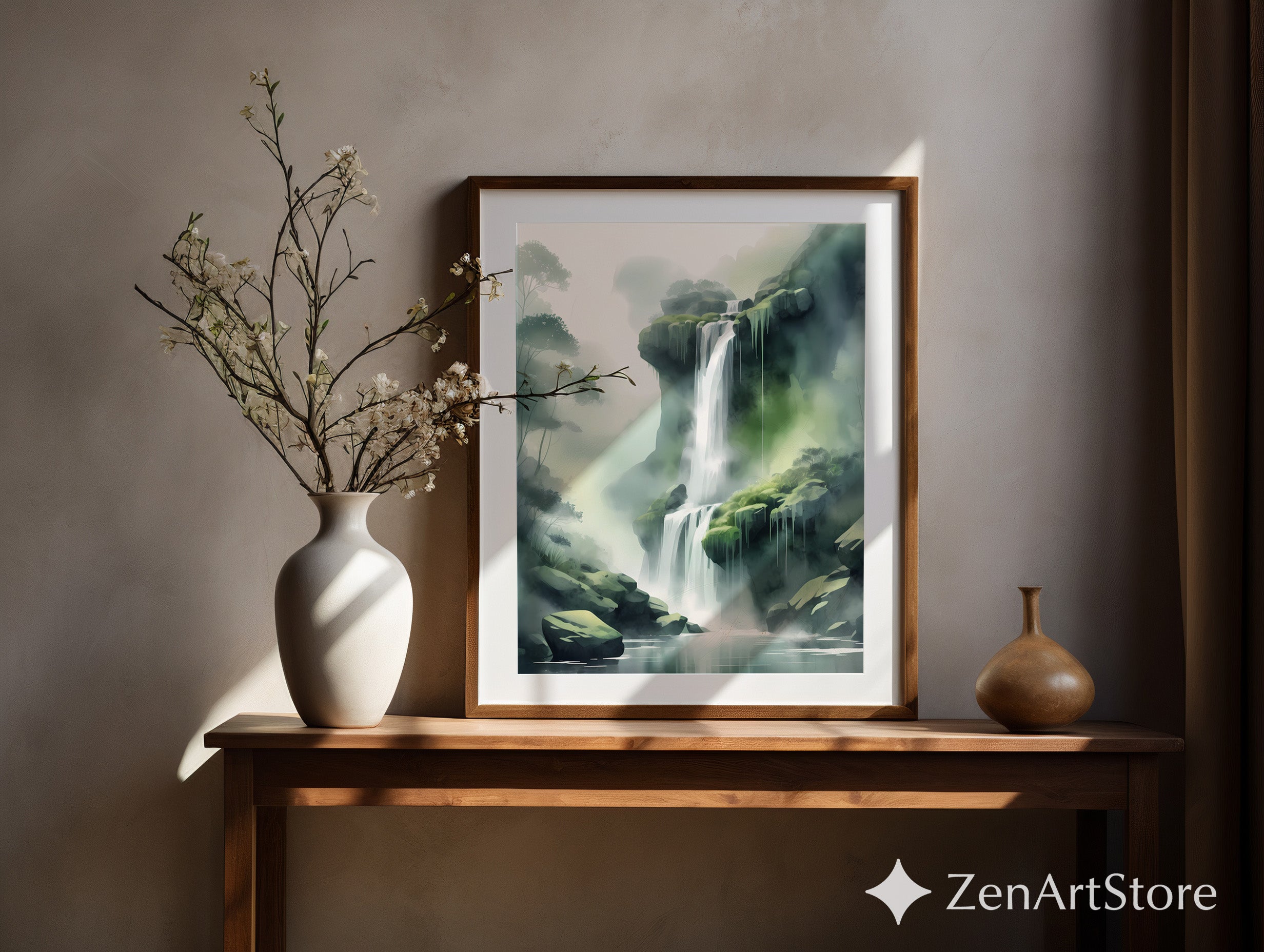 Misty Waterfall Wall Art Print – Zen Green Landscape for Living Room, Japandi Minimalist Nature Canvas